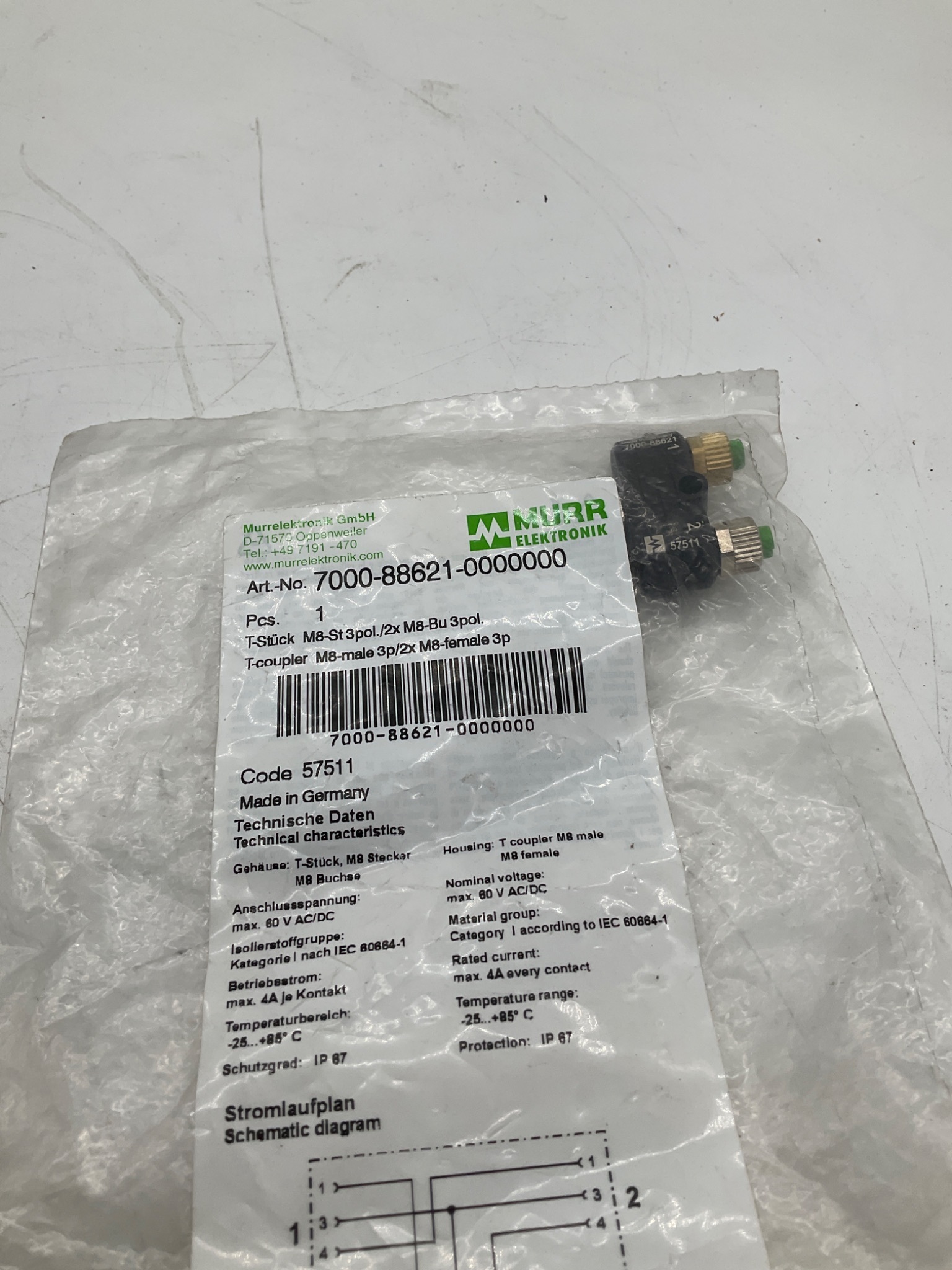 MURR ELEKTRONIK 7000-88621-0000000 M8 T-Coupler 3-Pole (LOT OF 4) NEW 1