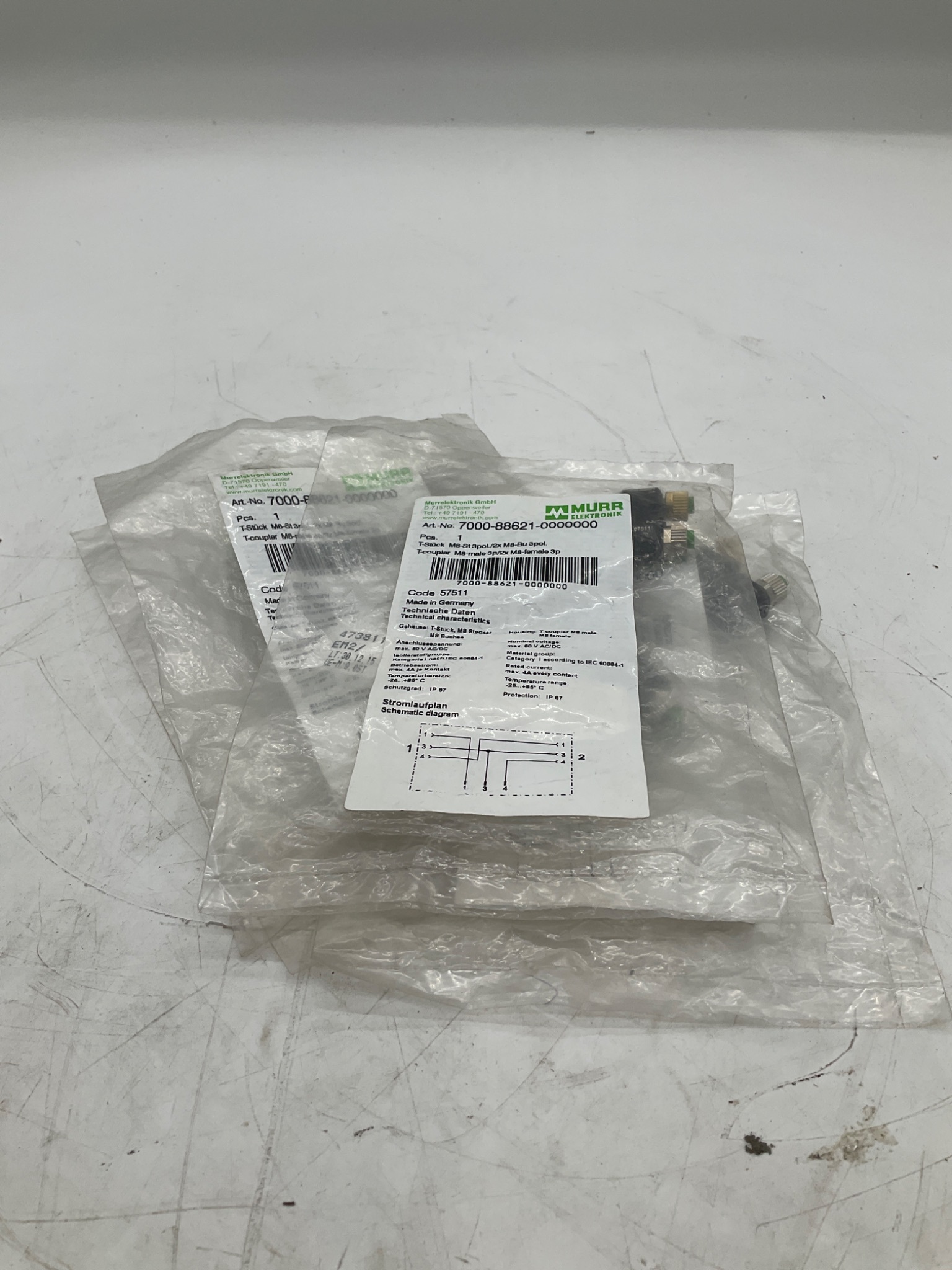 MURR ELEKTRONIK 7000-88621-0000000 M8 T-Coupler 3-Pole (LOT OF 4) NEW 2