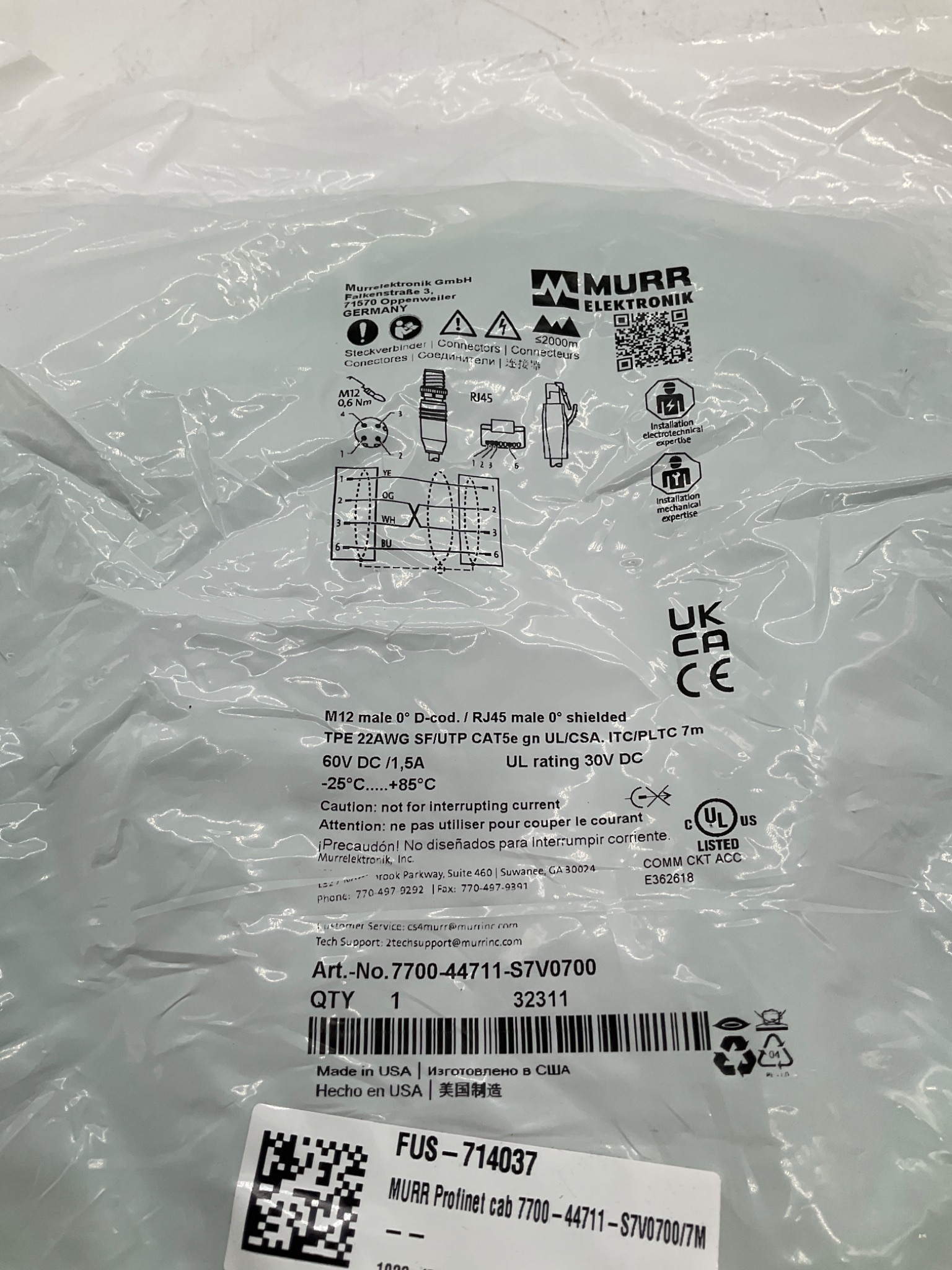MURR ELEKTRONIK 7700-44711-S7V0700 PROFINET Cable M12 To RJ45 7M NEW 1