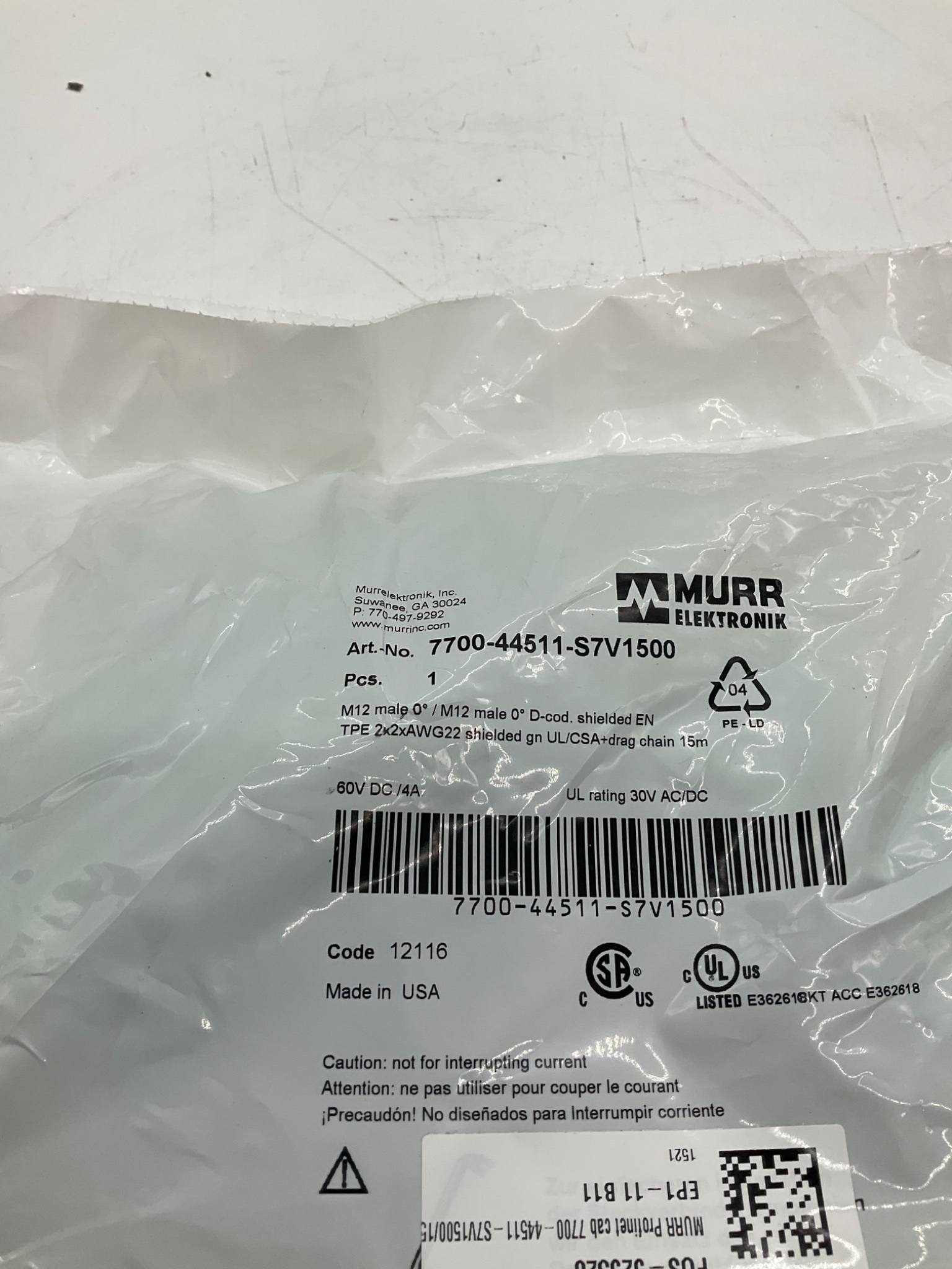 MURR ELEKTRONIK 7700-44511-S7V1500 PROFINET Cable M12 D-Coded 15M NEW 1