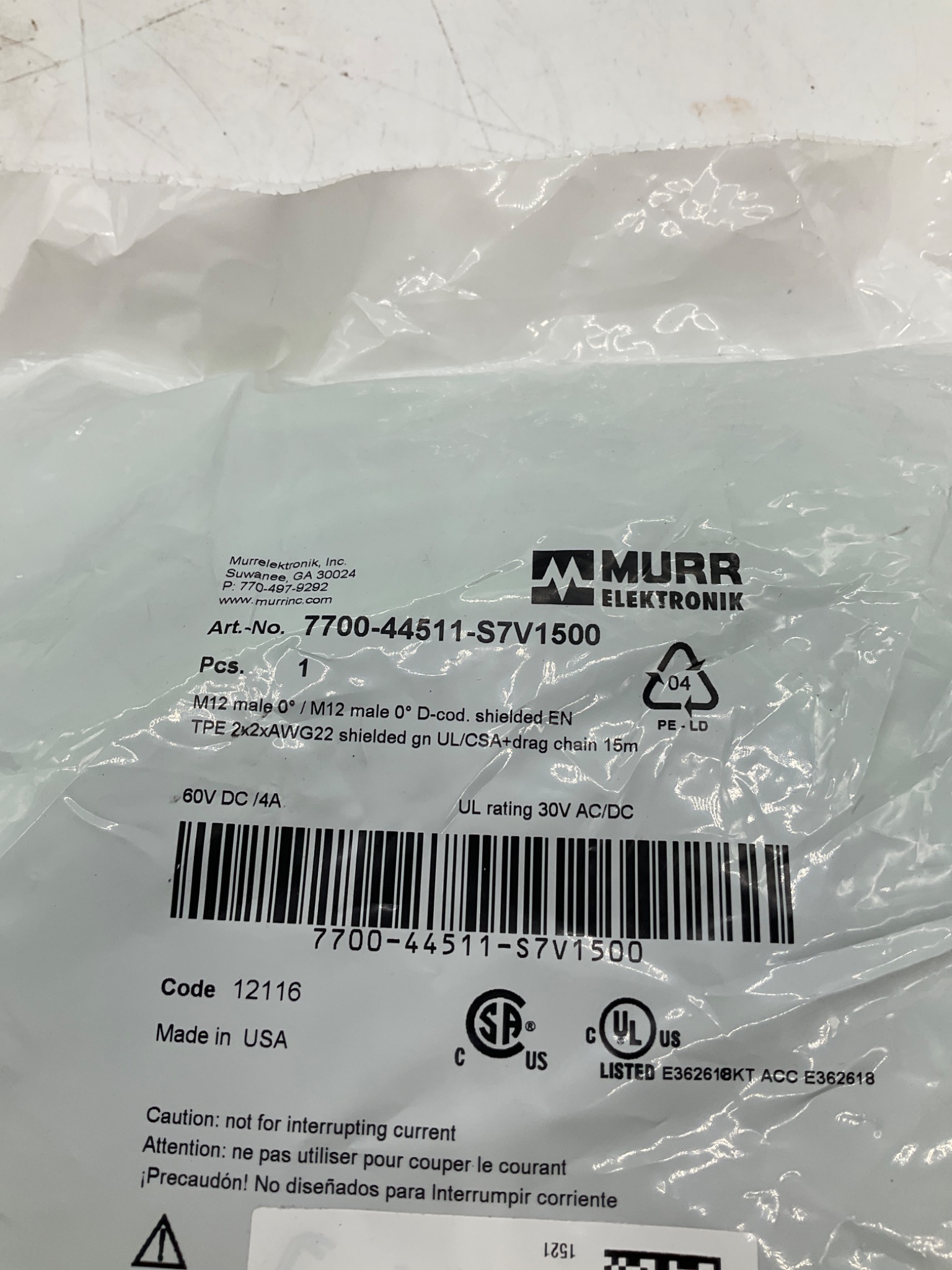 MURR ELEKTRONIK 7700-44511-S7V1500 PROFINET Cable M12 D-Coded 15M NEW 3