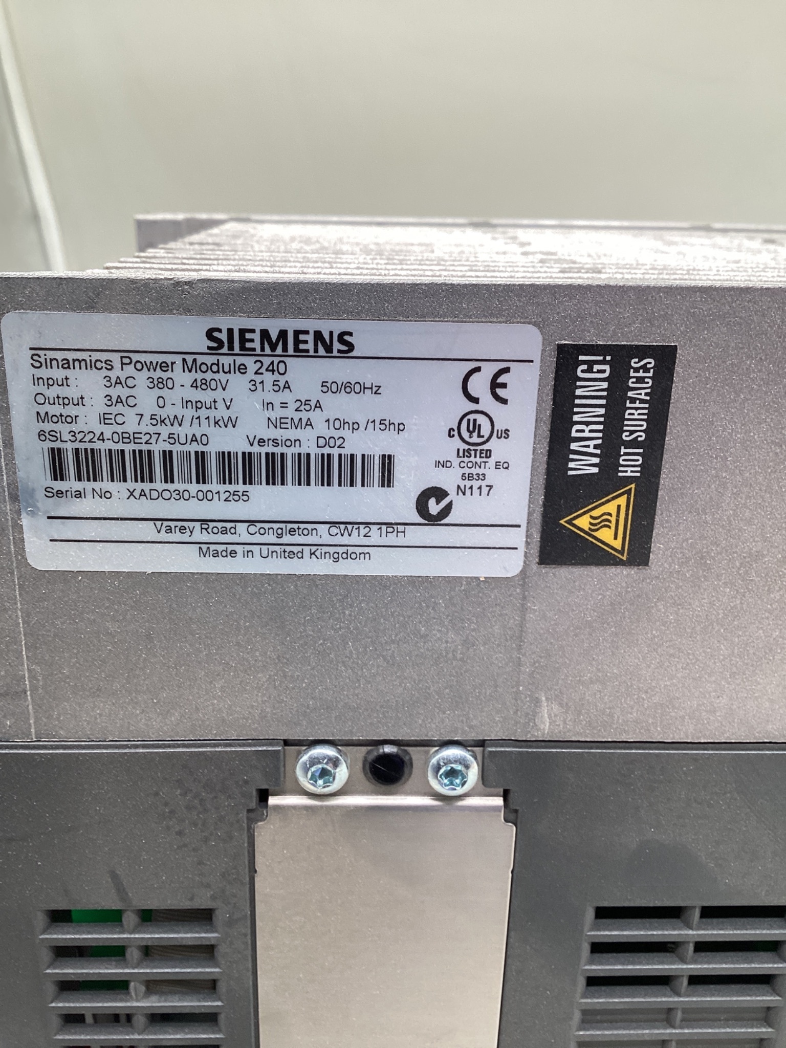 SIEMENS 6SL3224-0BE27-5UA0 SINAMICS Power Module 240 15HP USED 1