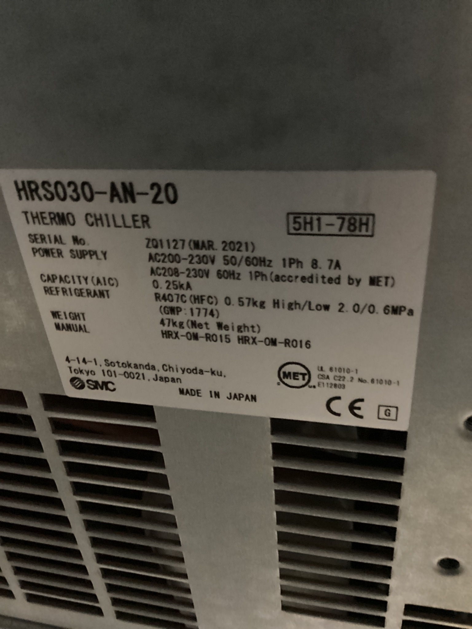 SMC HRS030-AN-20 Thermo Chiller USED 5