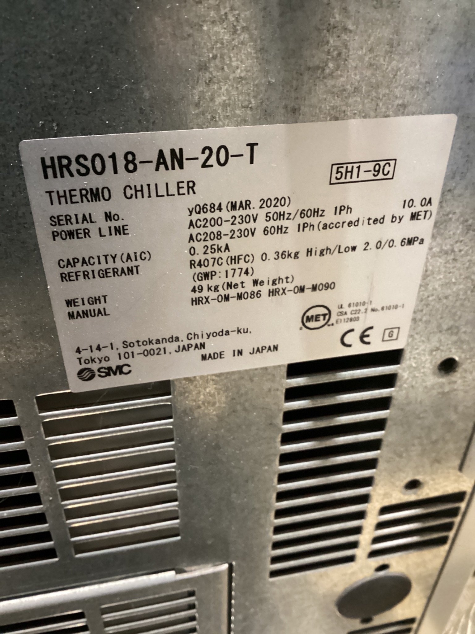 SMC HRS018-AN-20-T Thermo Chiller USED 5