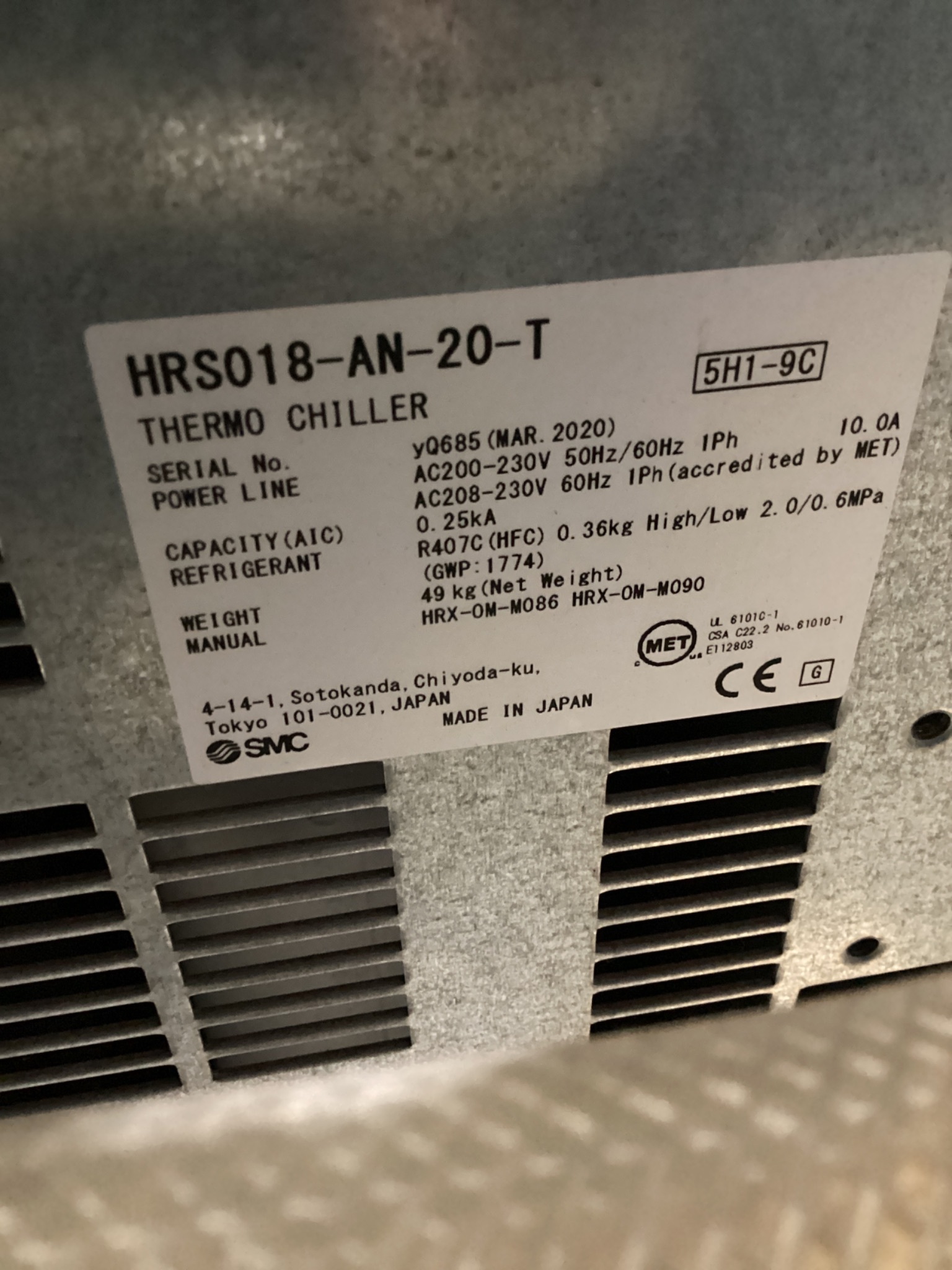 SMC HRS018-AN-20-T Thermo Chiller USED 5