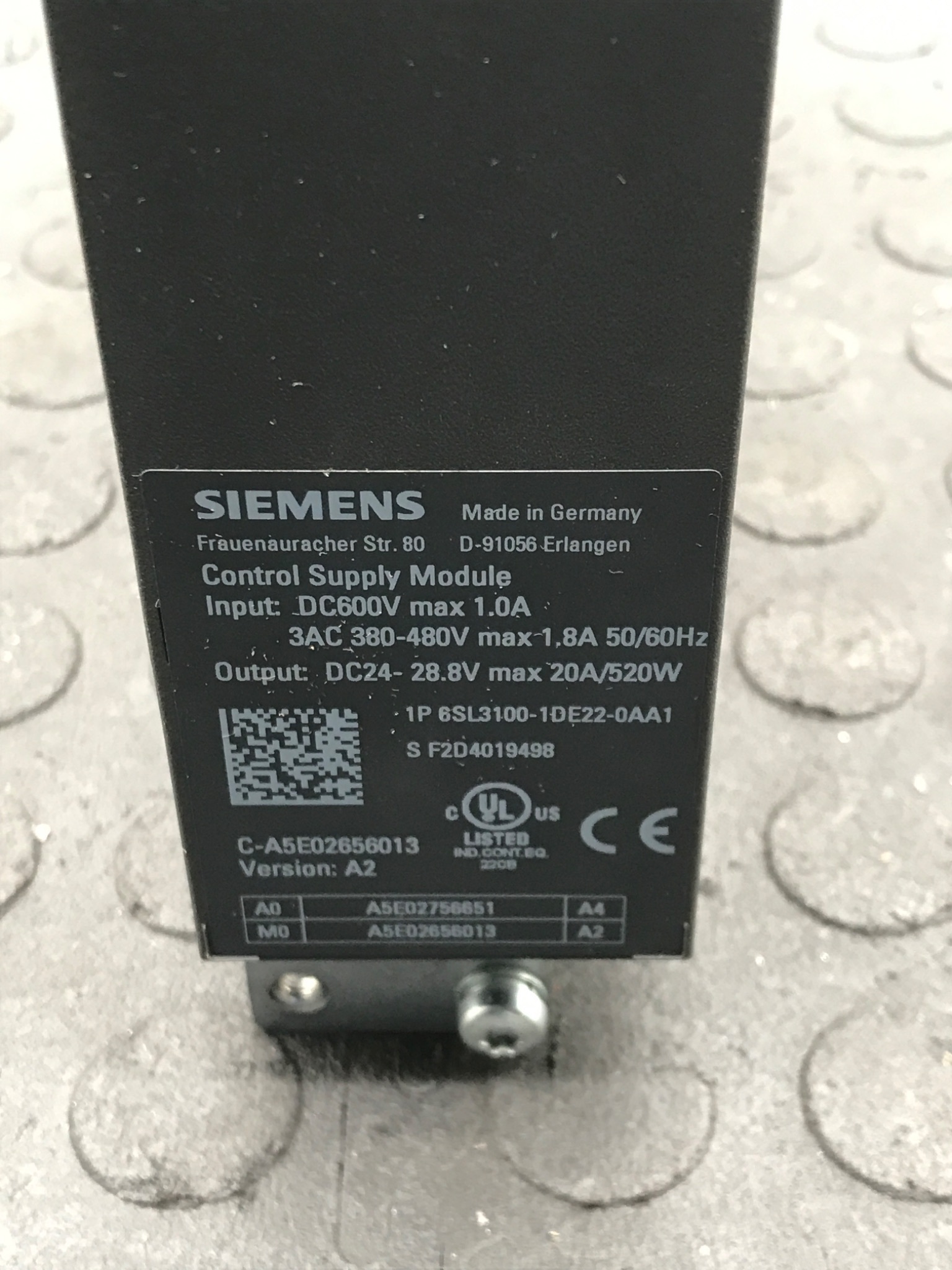 SIEMENS 6SL3100‑1DE22‑0AA1 SINAMICS Control Supply Module USED 1
