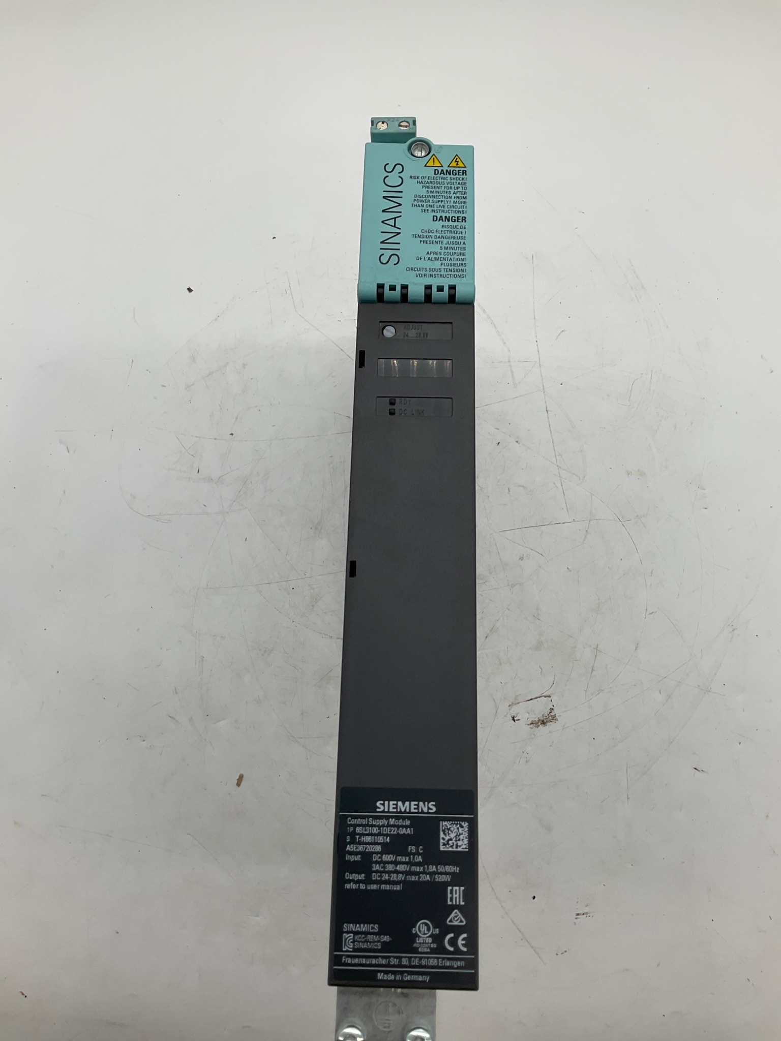 SIEMENS 6SL3100-1DE22-0AA1 SINAMICS Control Supply Module USED 0