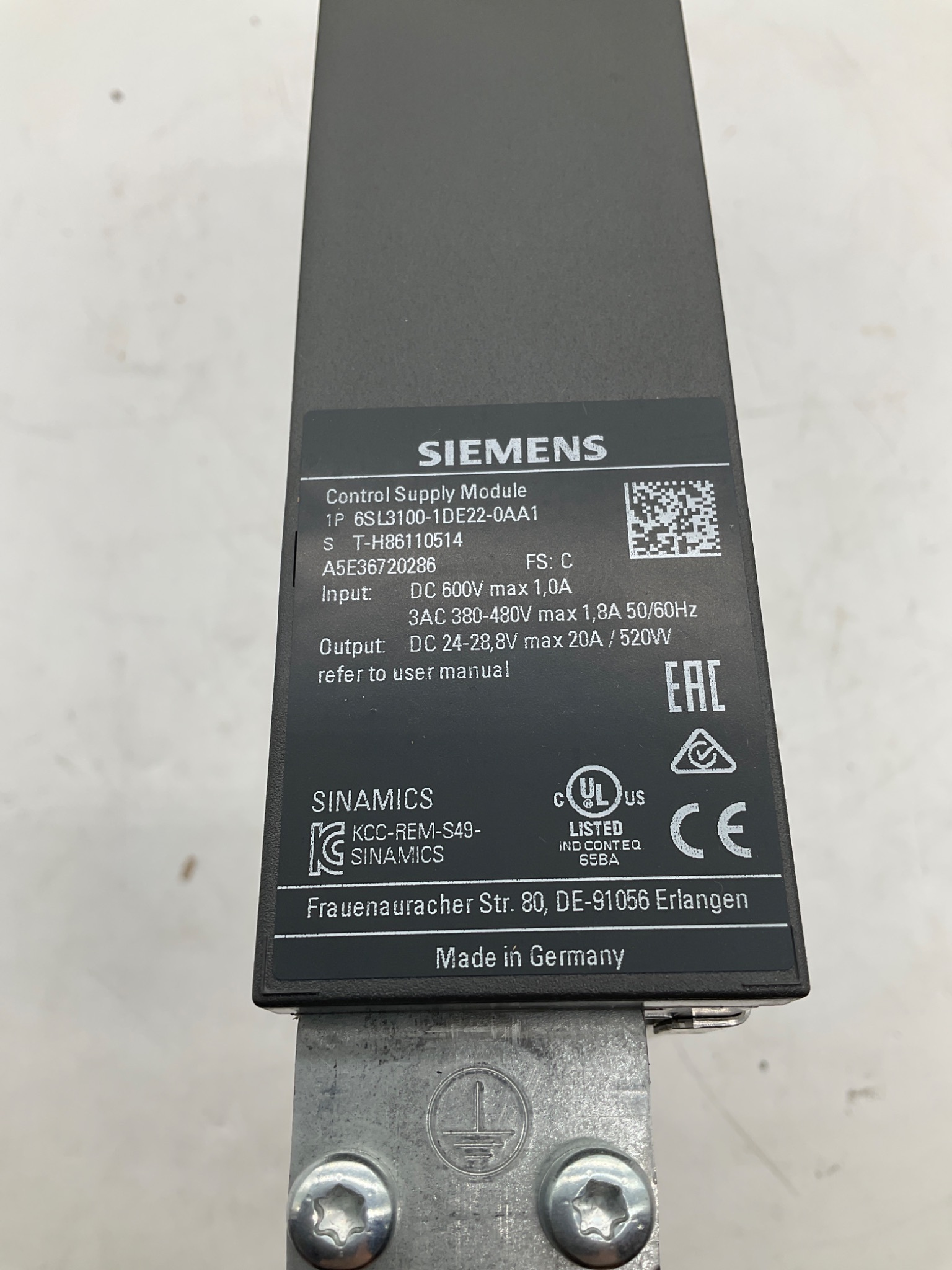 SIEMENS 6SL3100-1DE22-0AA1 SINAMICS Control Supply Module USED 1