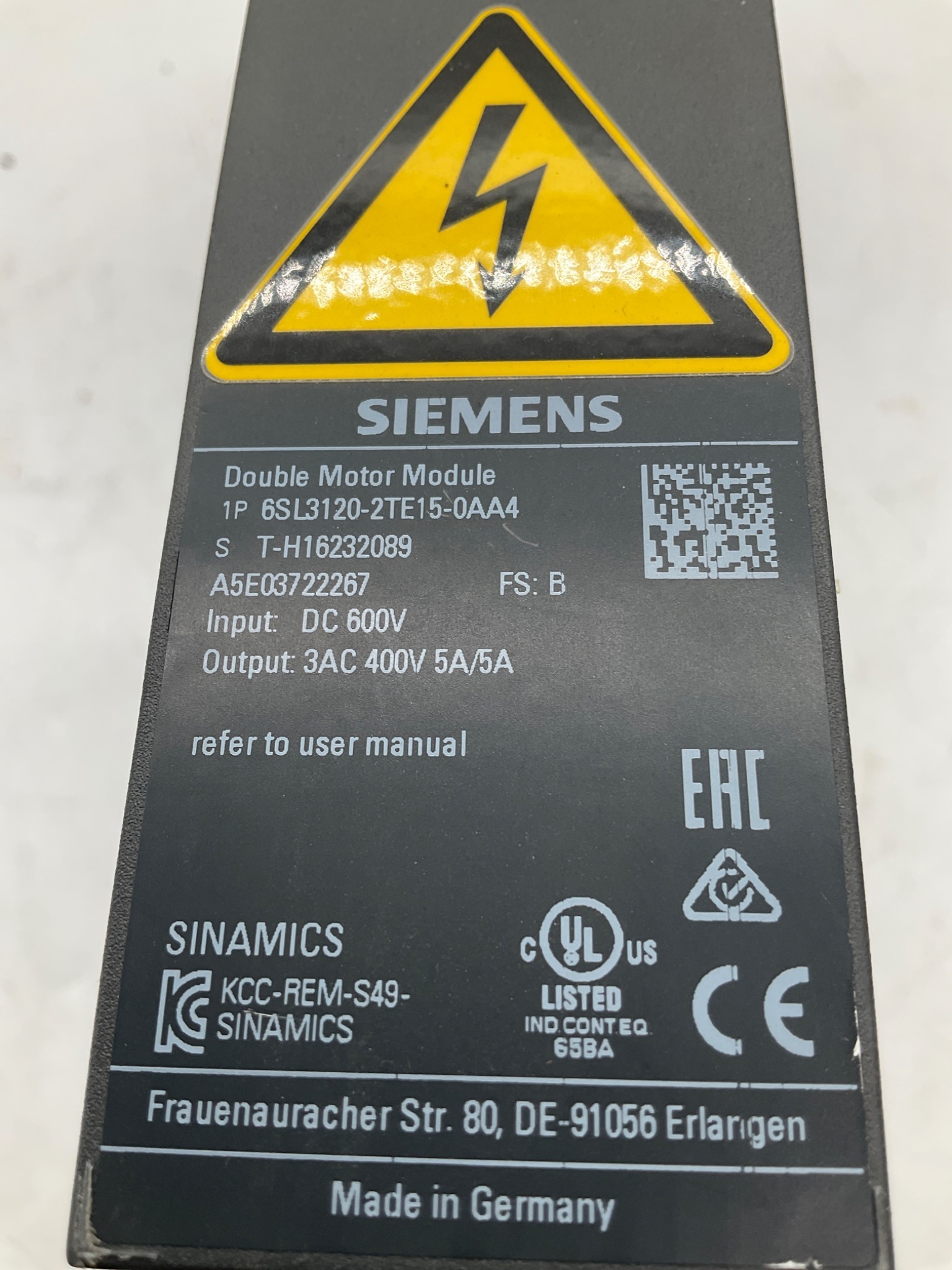 SIEMENS 6SL3120-2TE15-0AA4 SINAMICS S120 Double Motor Module USED 3