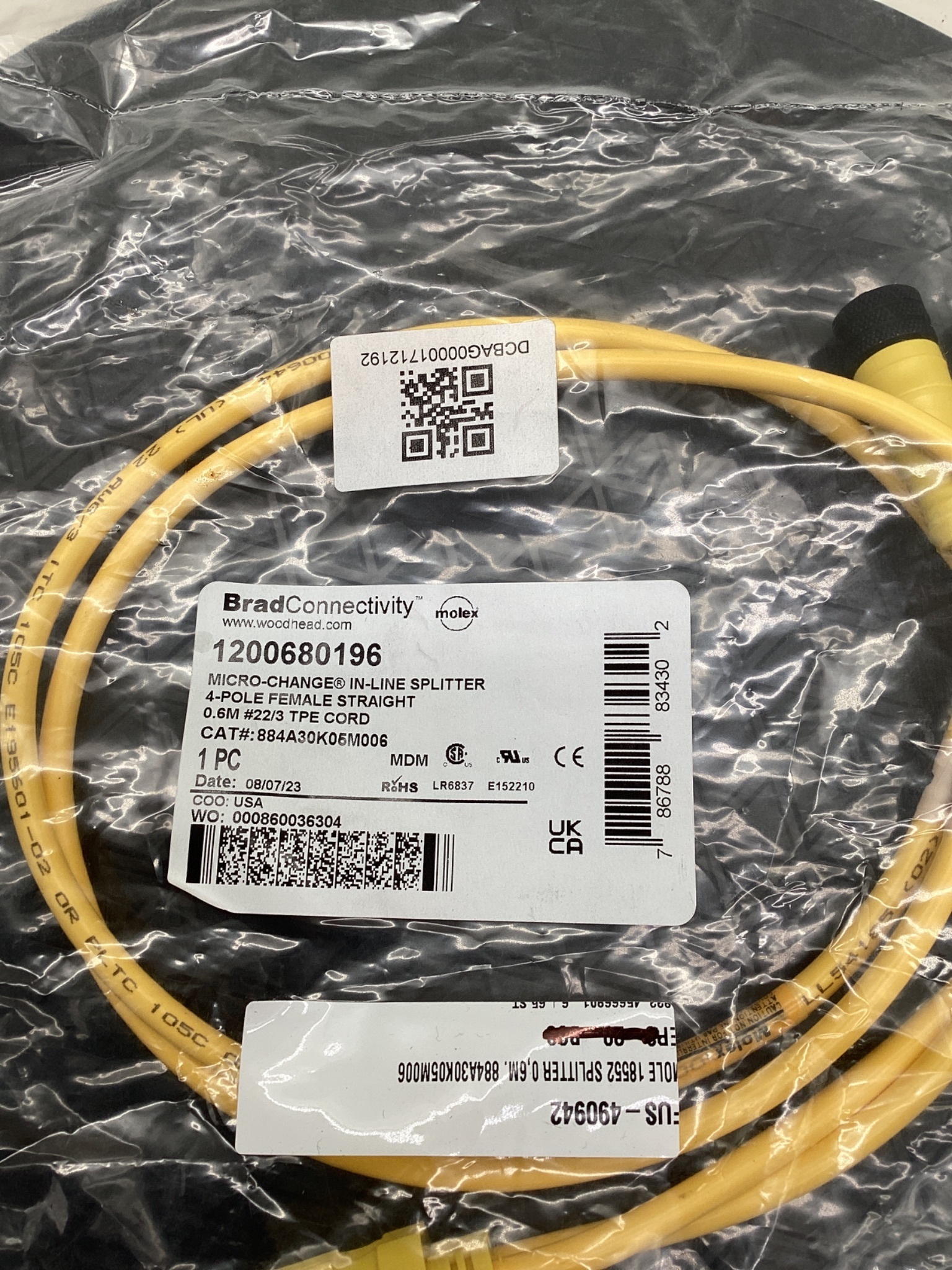 BRAD CONNECTIVITY 1200680196 Micro-Change In-Line Splitter 4-Pole 0.6M NEW 1