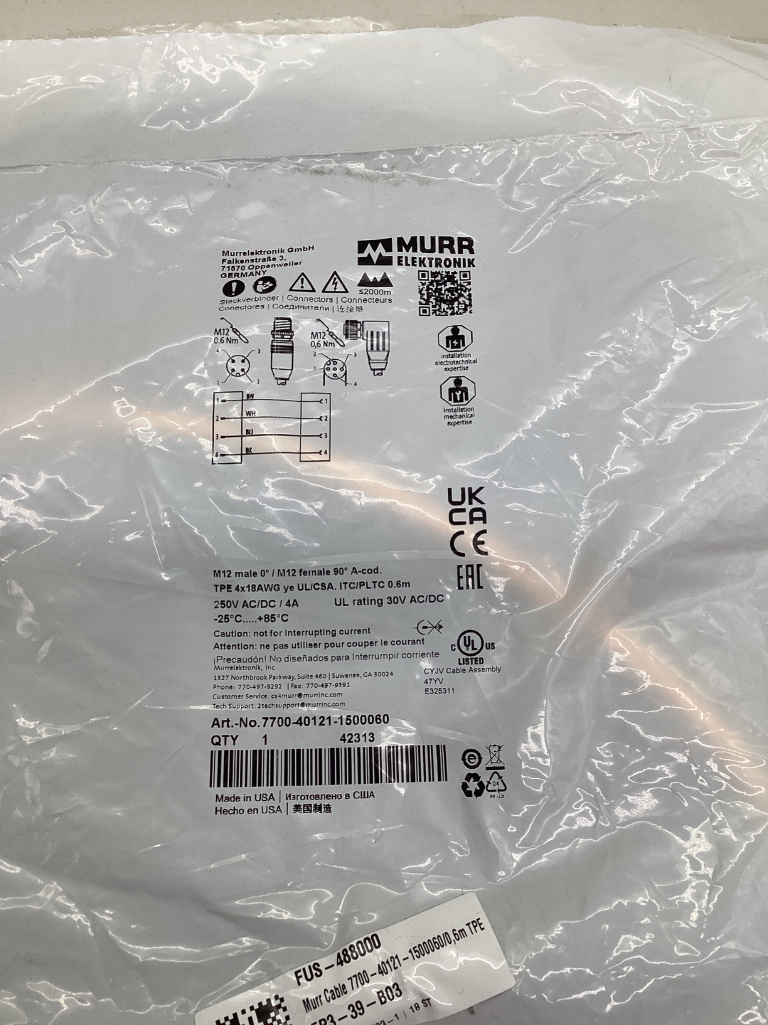 MURR ELEKTRONIK 7700-40121-1500060 M12 Male to M12 Female Cordset 0.6M NEW 1