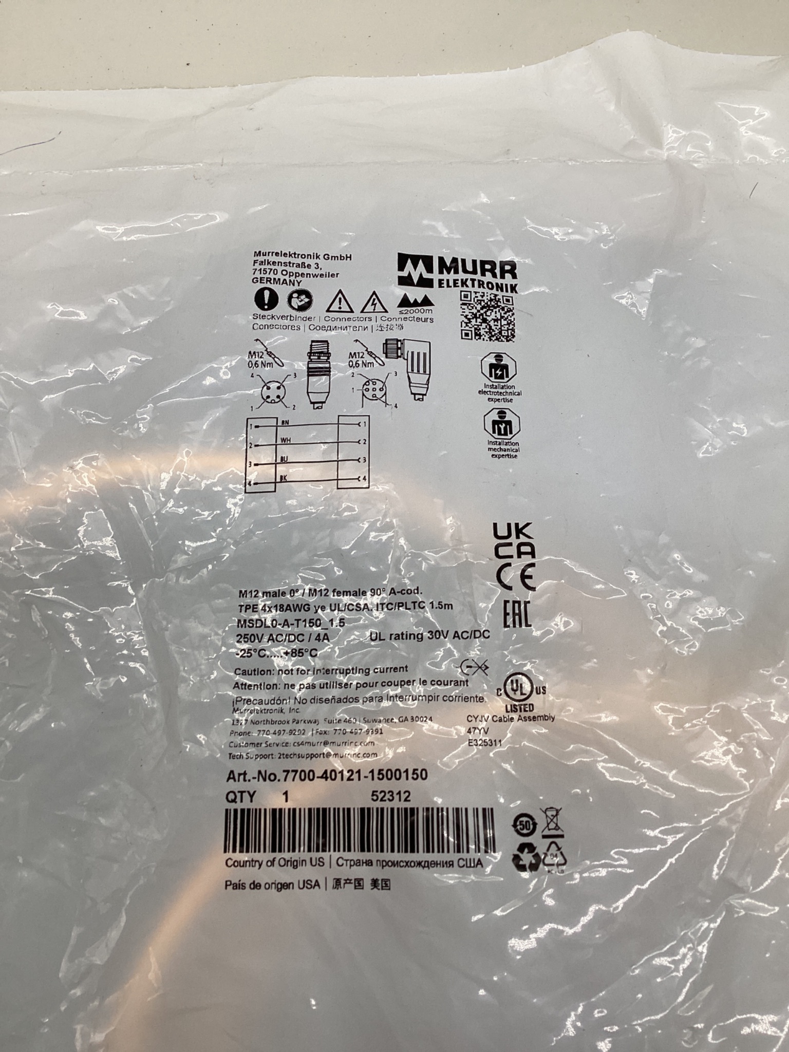 MURR ELEKTRONIK 7700-40121-1500150 M12 Male to M12 Female Cordset 1.5M NEW 1