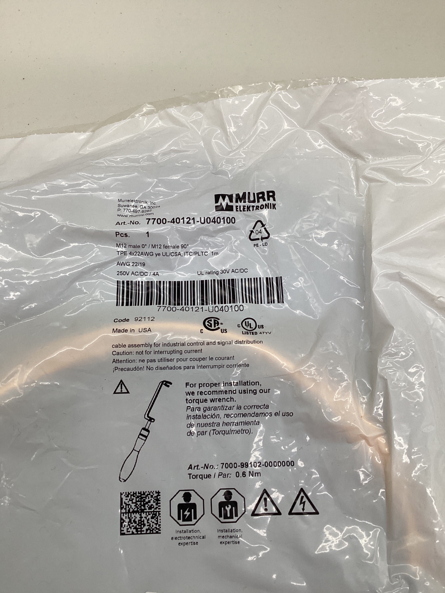 MURR ELEKTRONIK 7700-40121-U040100 M12 Male to M12 Female Cordset 1M NEW 1