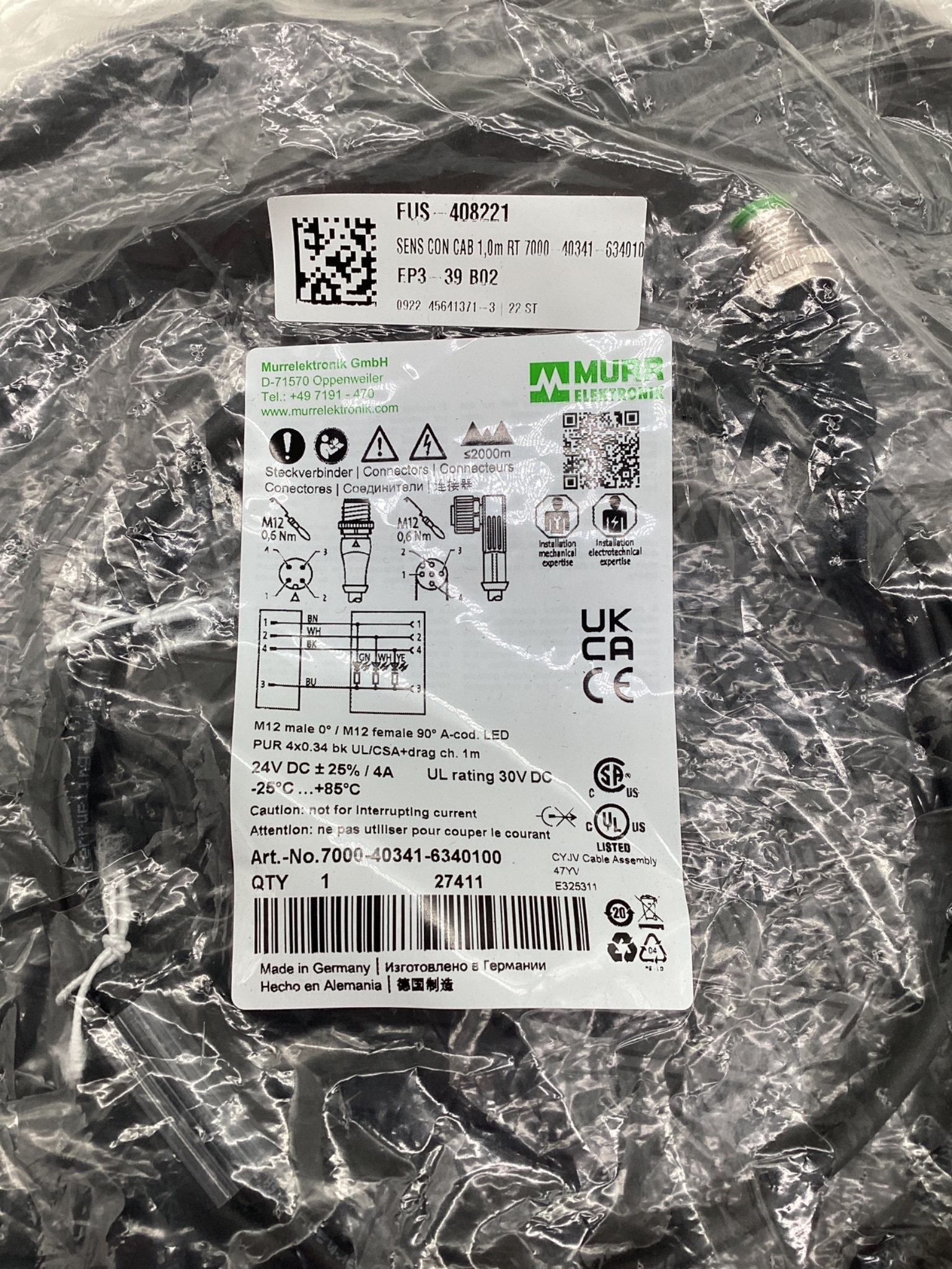 MURR ELEKTRONIK 7000-40341-6340100 M12 Male to M12 Female LED Cordset 1M NEW 1