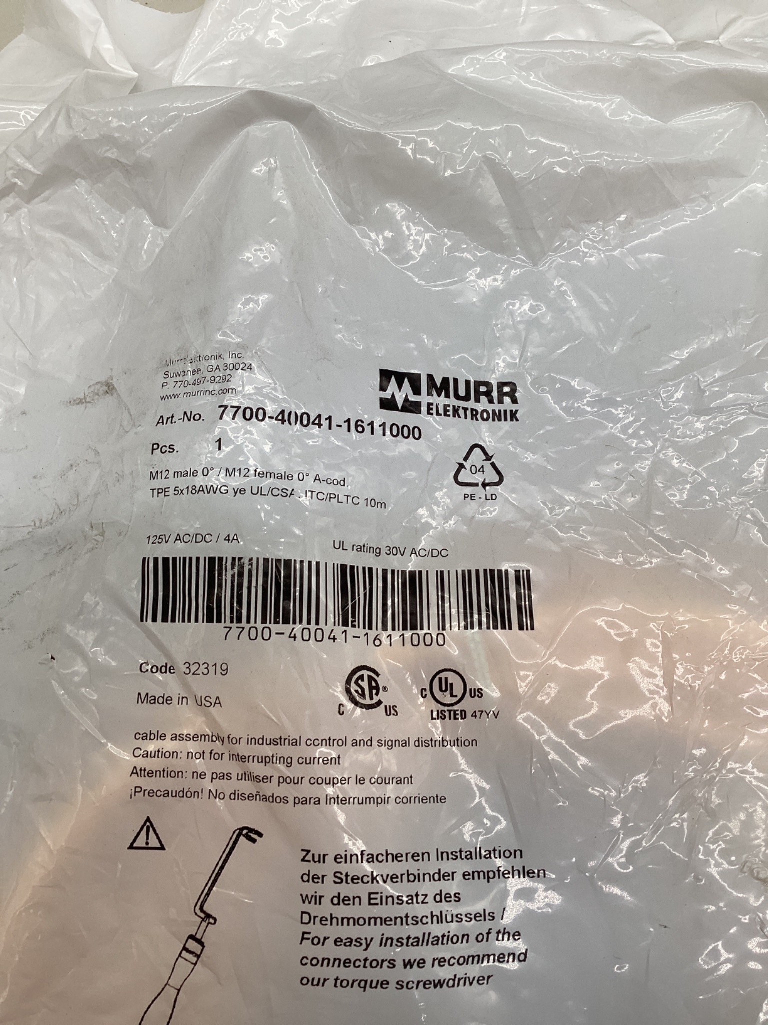 MURR ELEKTRONIK 7700-40041-1611000 M12 Male to M12 Female A-Coded Cordset 10M NEW 1
