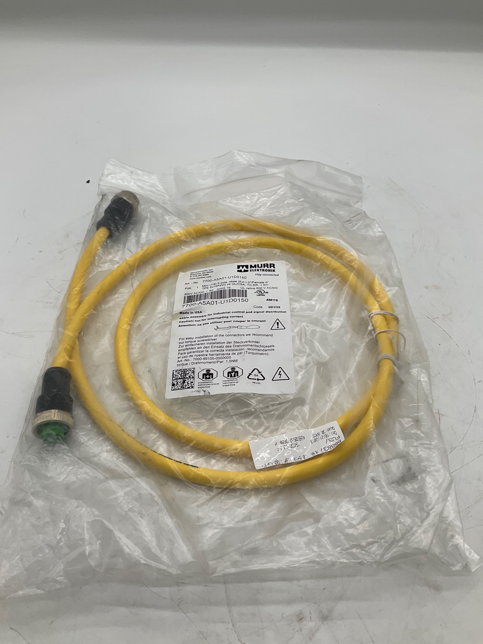 MURR ELEKTRONIK 7700-A5A01-U1D0150 Mini (7/8) 5-Pole Cordset 1.5M NEW 0