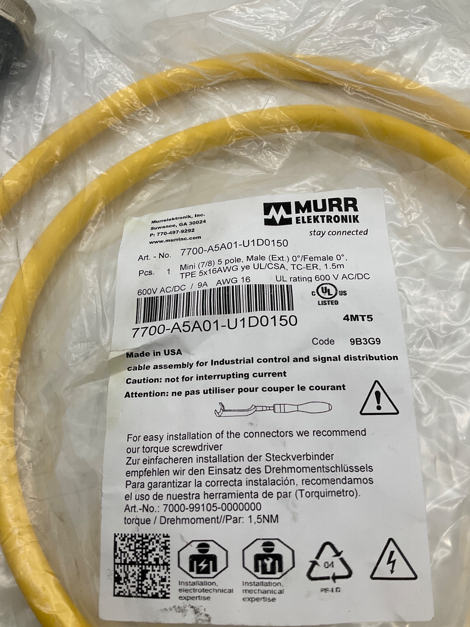 MURR ELEKTRONIK 7700-A5A01-U1D0150 Mini (7/8) 5-Pole Cordset 1.5M NEW 1