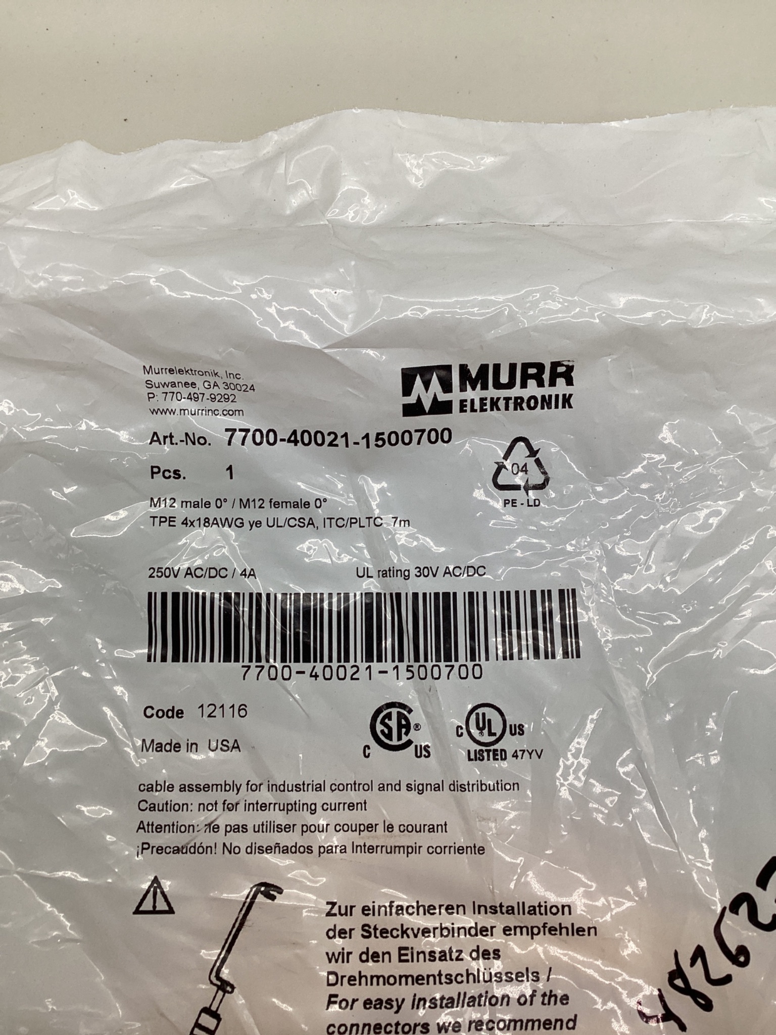 MURR ELEKTRONIK 7700-40021-1500700 M12 Male to M12 Female A-Coded Cordset 7M NEW 1