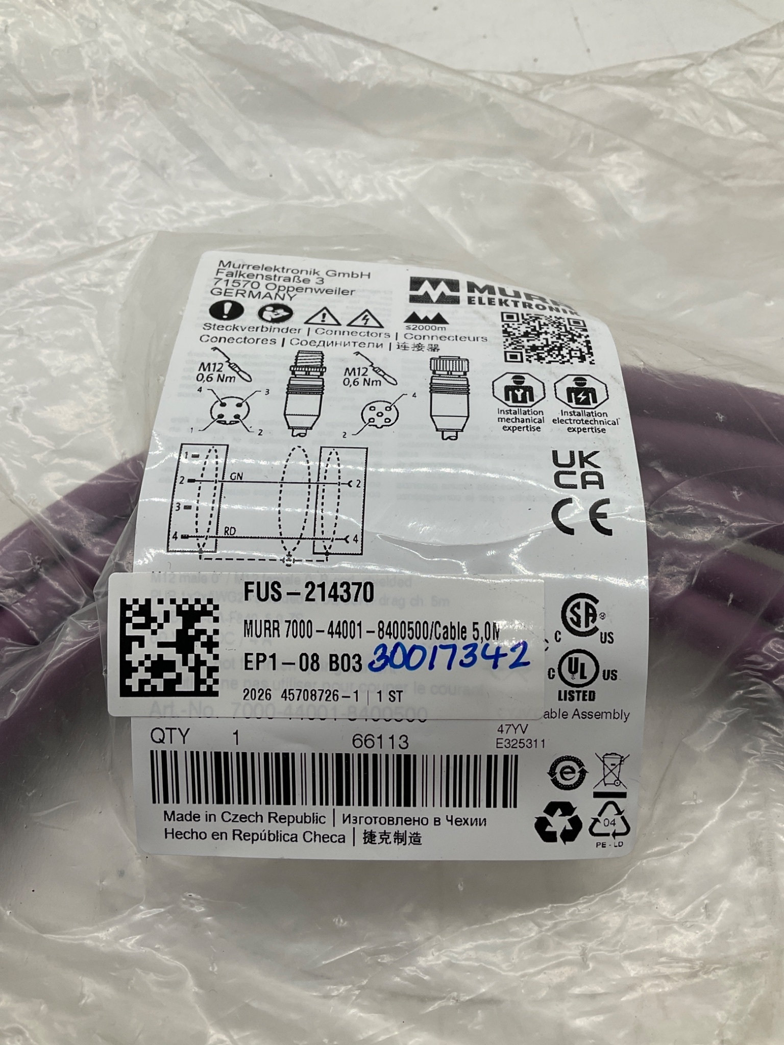 MURR ELEKTRONIK 7000-44001-8400500 M12 Male to M12 Female Shielded Cordset 5M NEW 1