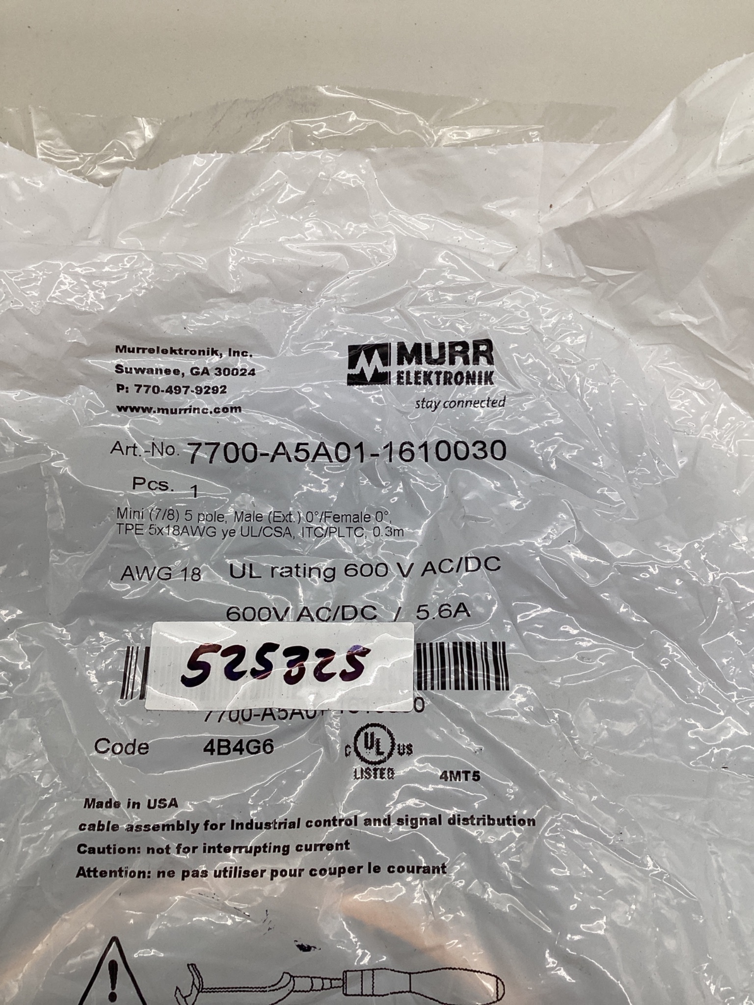 MURR ELEKTRONIK 7700-A5A01-1610030 Mini (7/8) 5-Pole Cordset 0.3M NEW 1