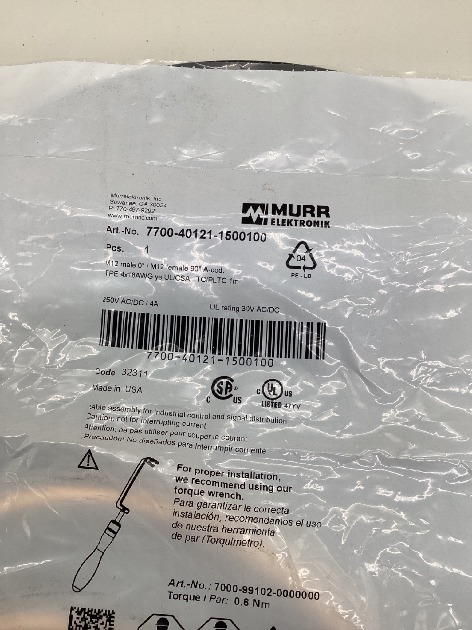MURR ELEKTRONIK 7700-40121-1500100 M12 Male to M12 Female A-Coded Cordset 1M NEW 1