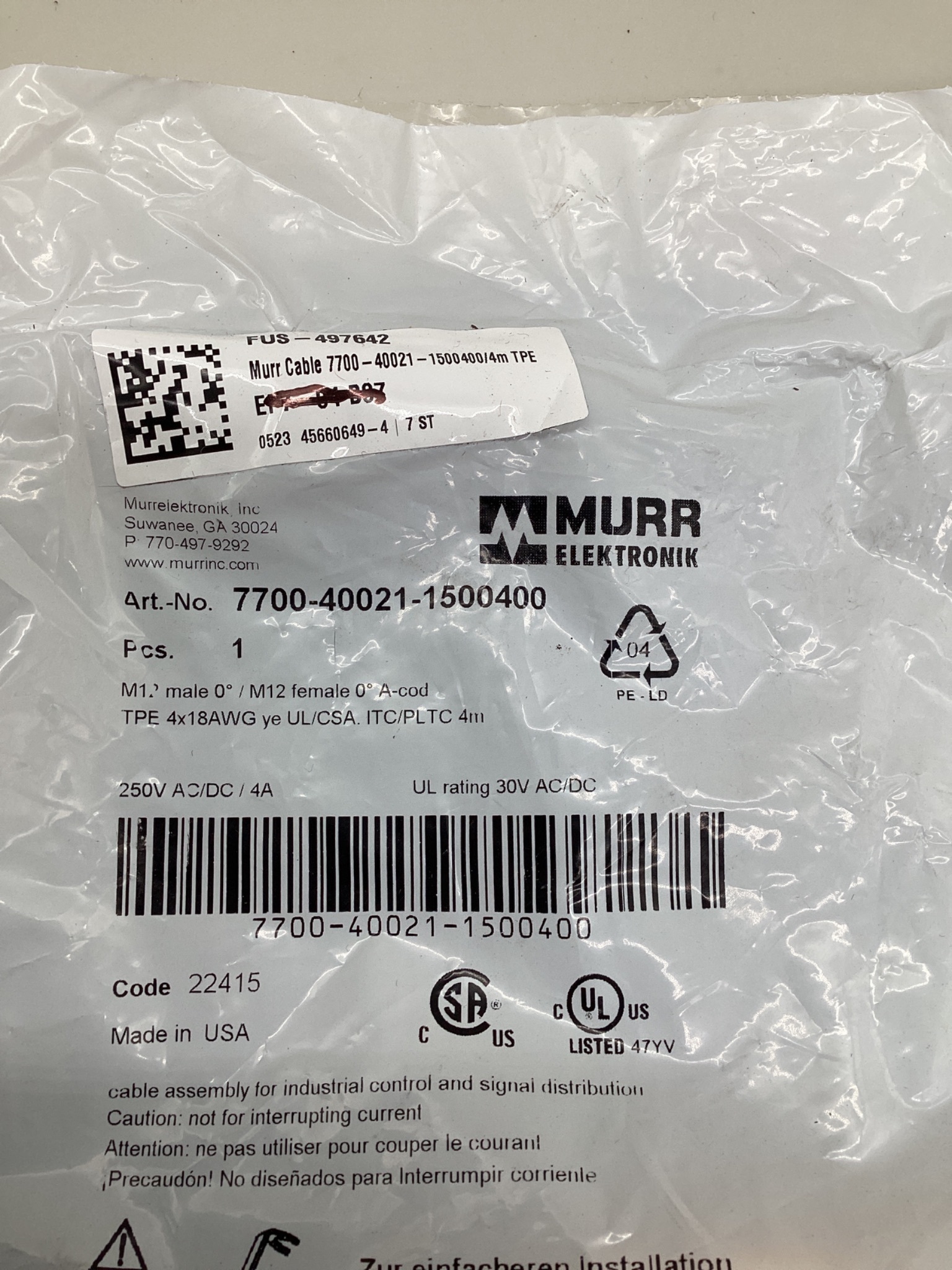 MURR ELEKTRONIK 7700-40021-1500400 M12 Male to M12 Female A-Coded Cordset 4M NEW 1
