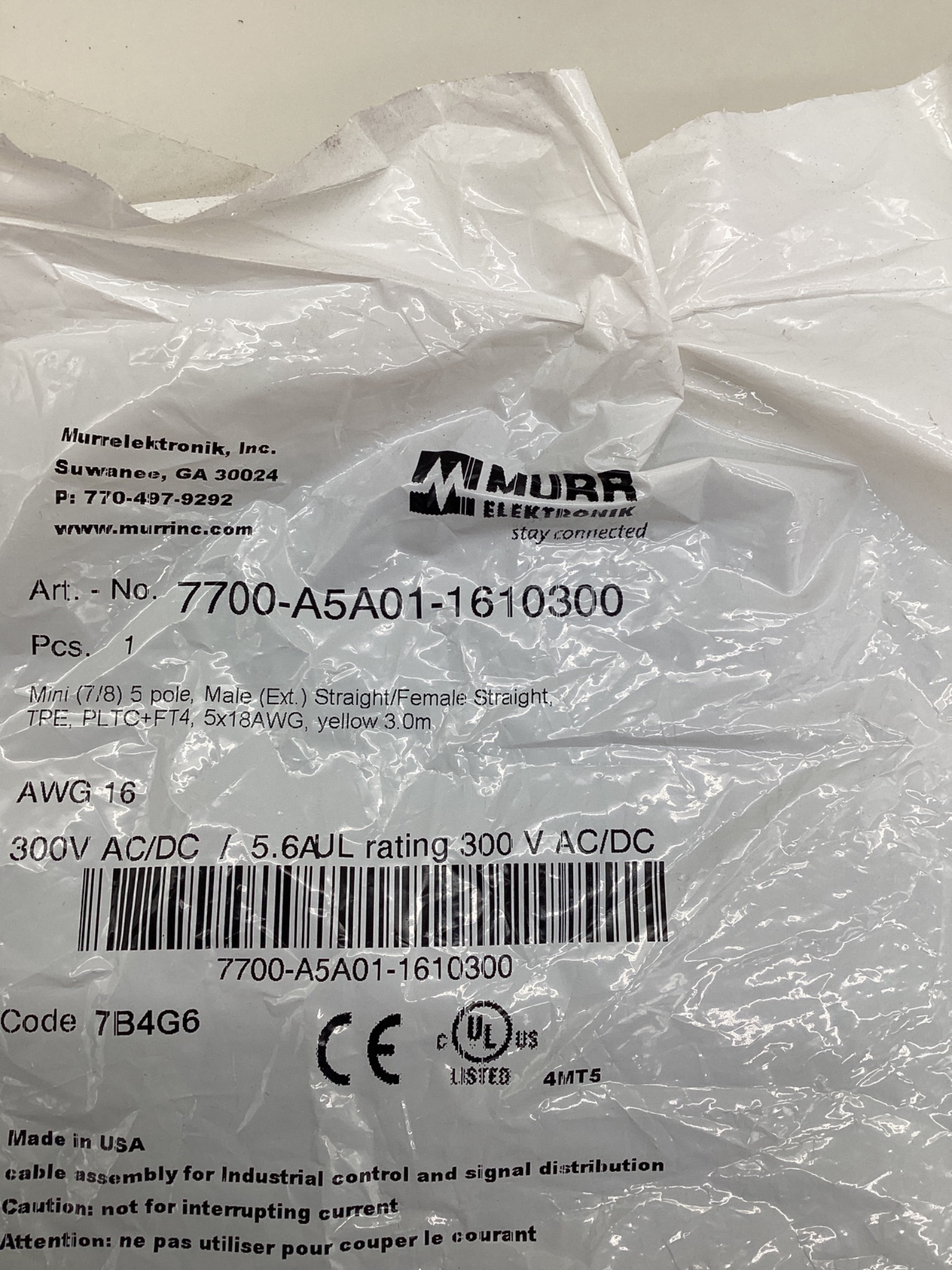MURR ELEKTRONIK 7700-A5A01-1610300 Mini (7/8) 5-Pole Male/Female Cordset 3M NEW 1