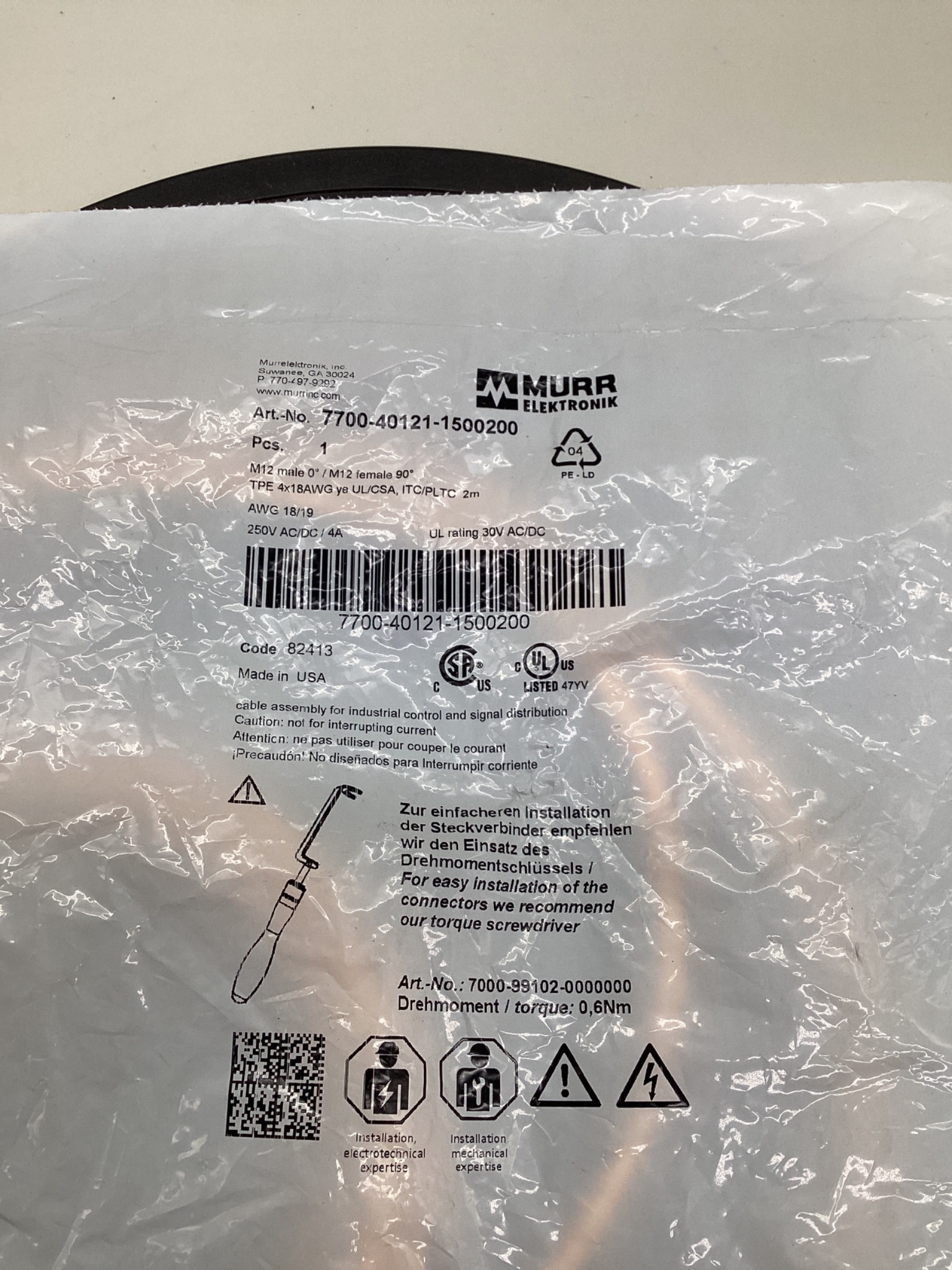 MURR ELEKTRONIK 7700-40121-1500200 M12 Male to M12 Female A-Coded Cordset 2M NEW 1
