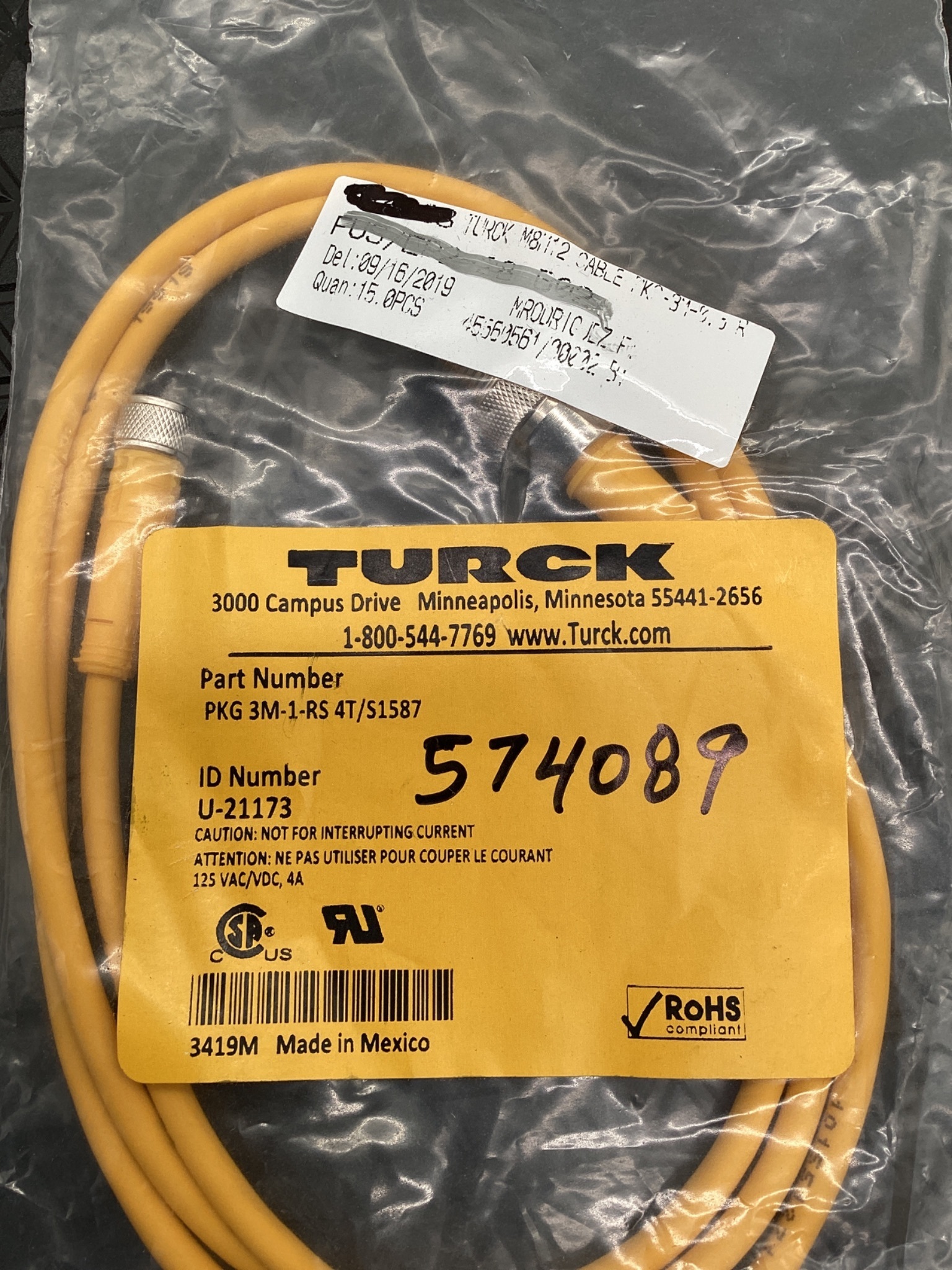 TURCK PKG 3M-1-RS 4T/S1587 M12 Male to Female Cordset 3M NEW 1