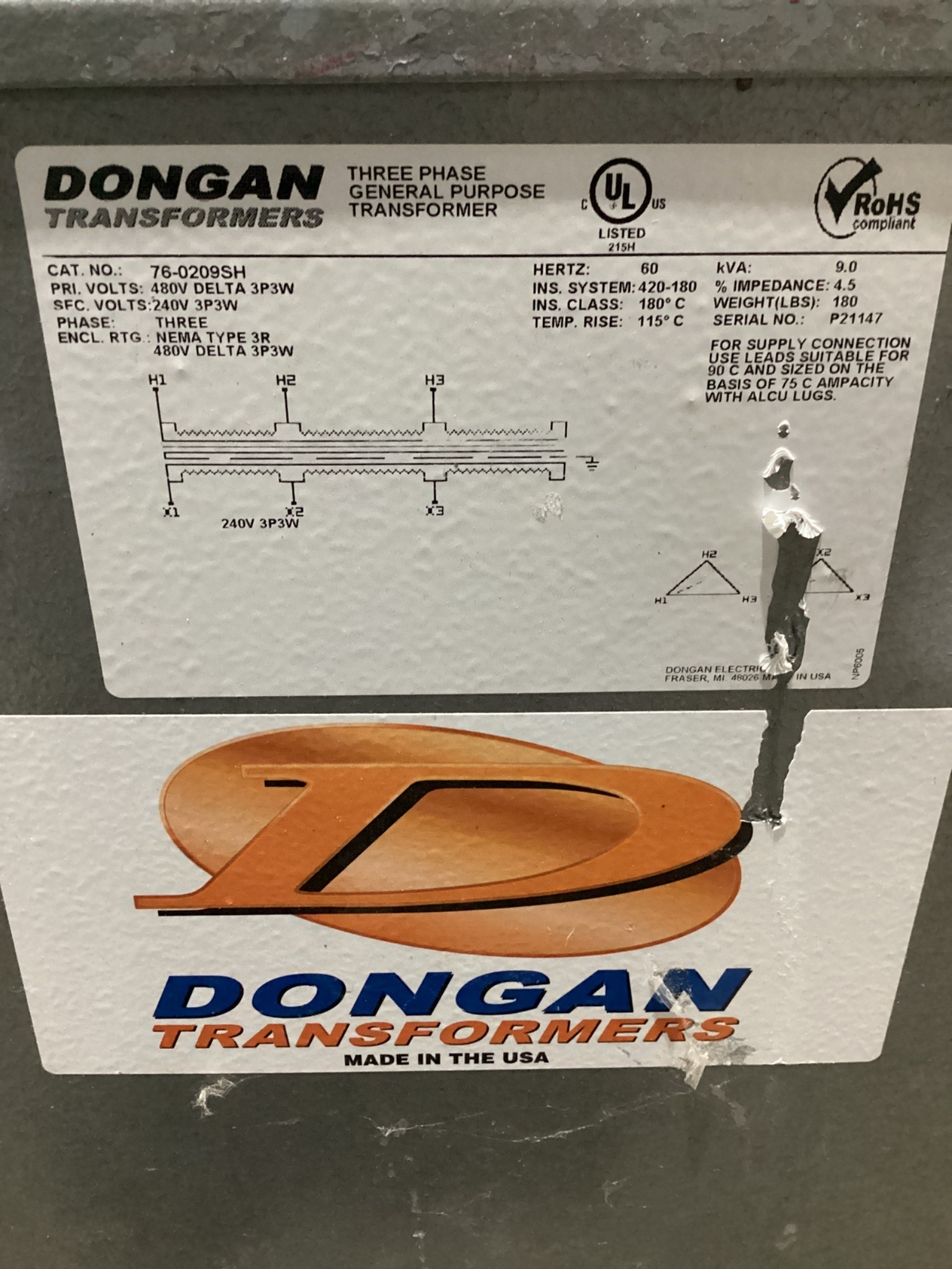 DONGAN 76-0209SH 9 KVA Three Phase Transformer 480V - 240V USED 3