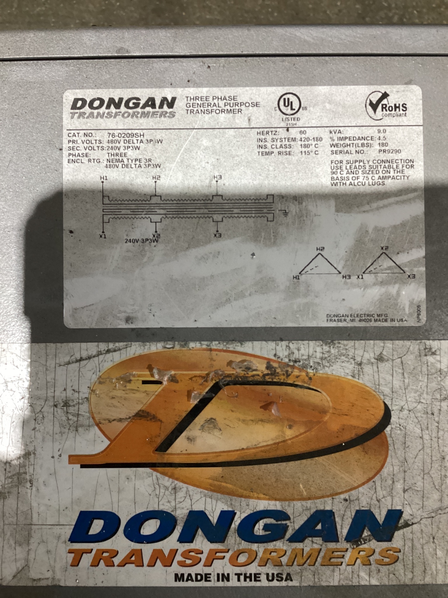 DONGAN 76-0209SH 9 KVA Three Phase Transformer USED 4