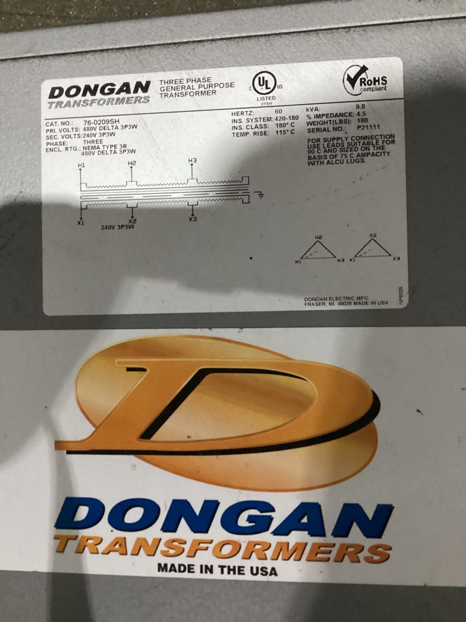 DONGAN 76-0209SH 9 KVA NEMA 3R Three Phase Transformer USED 4
