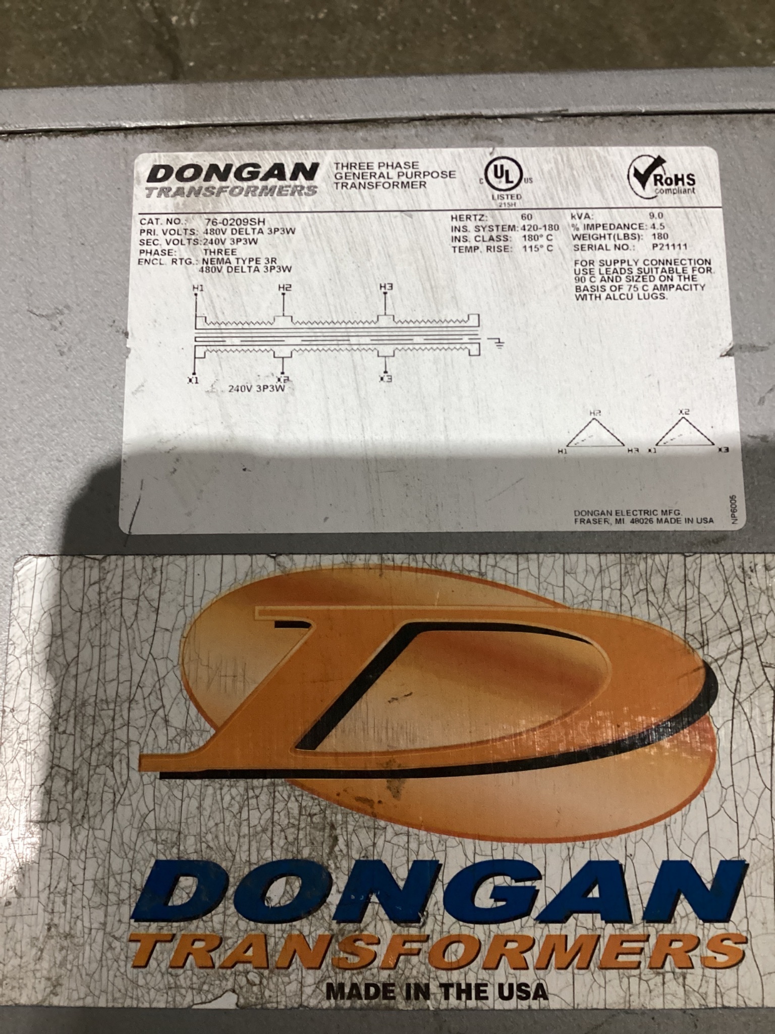 DONGAN 76-0209SH 480V Delta To 240V Delta 9 KVA Transformer USED 1