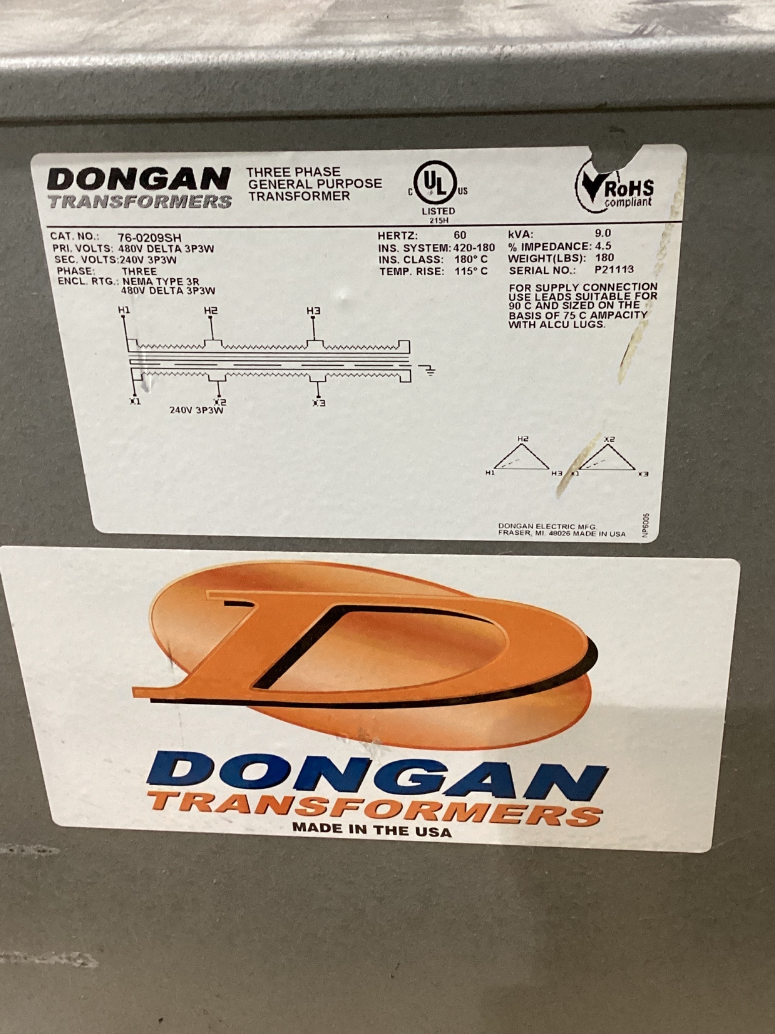DONGAN 76-0209SH Three Phase General Purpose Transformer 9 KVA USED 1