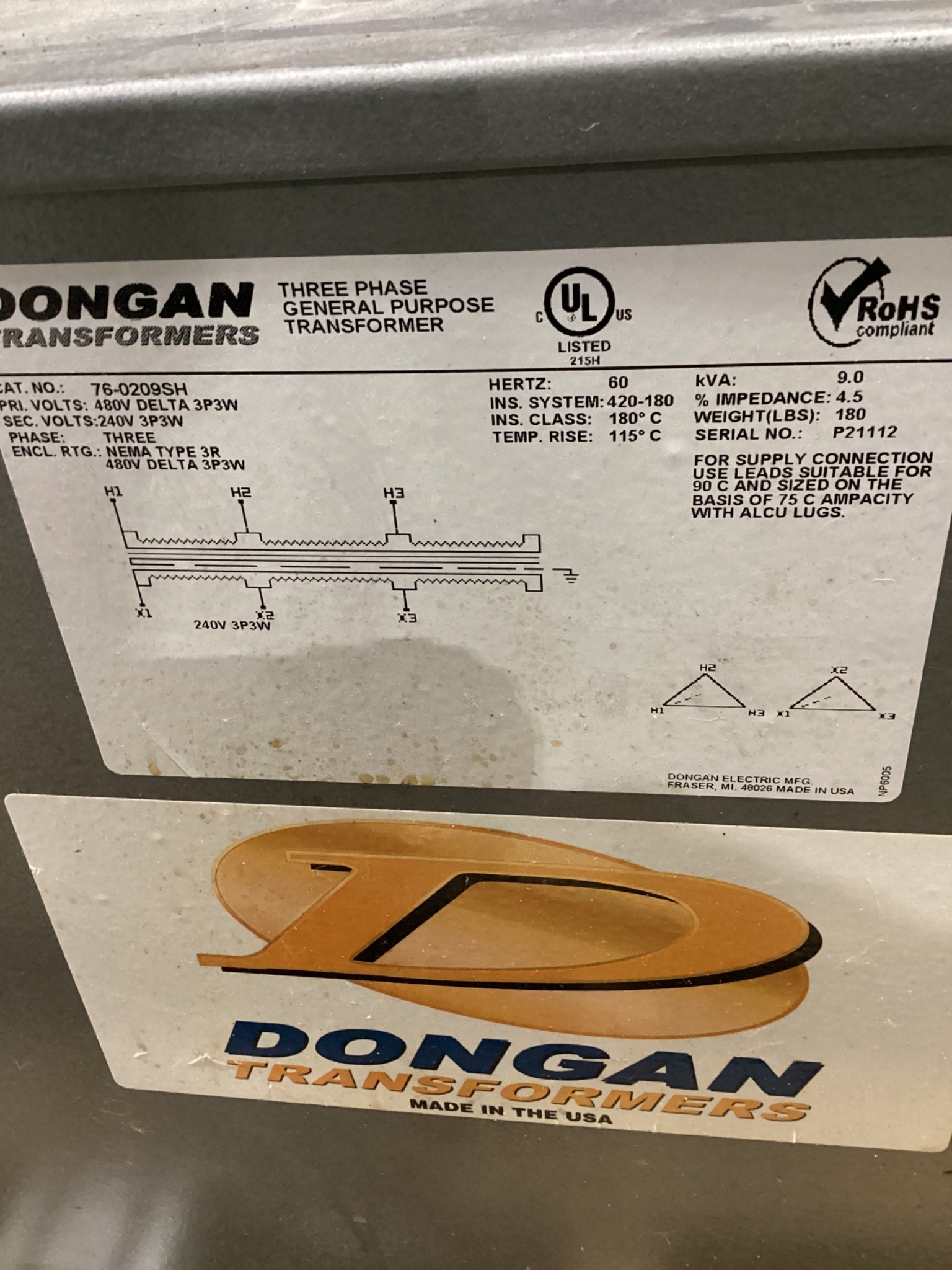 DONGAN 76-0209SH 9 KVA Delta-Delta Power Transformer NEMA 3R USED 1