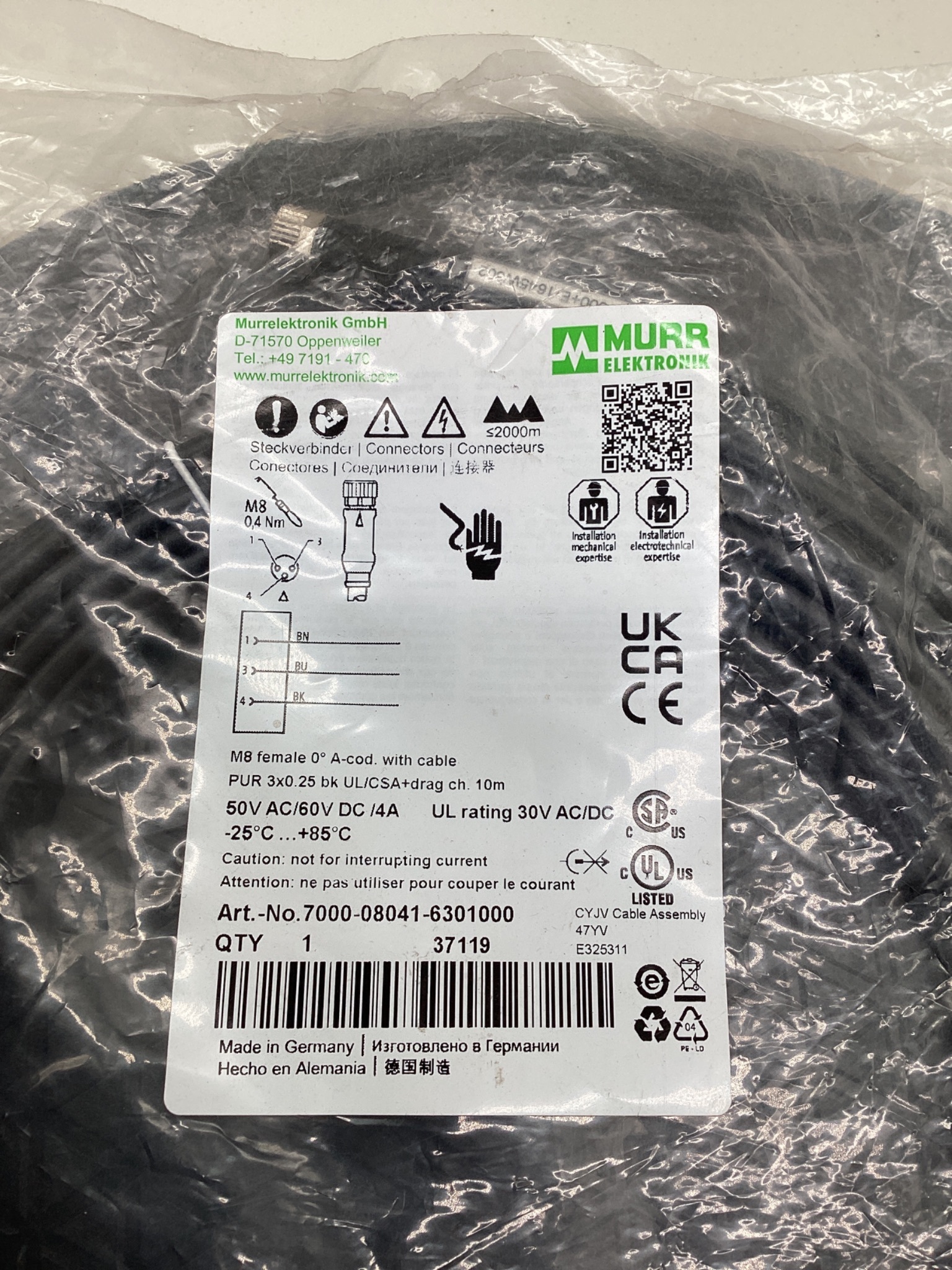 MURR ELEKTRONIK 7000-08041-6301000 M8 Female A-Coded Cordset 10M NEW 1