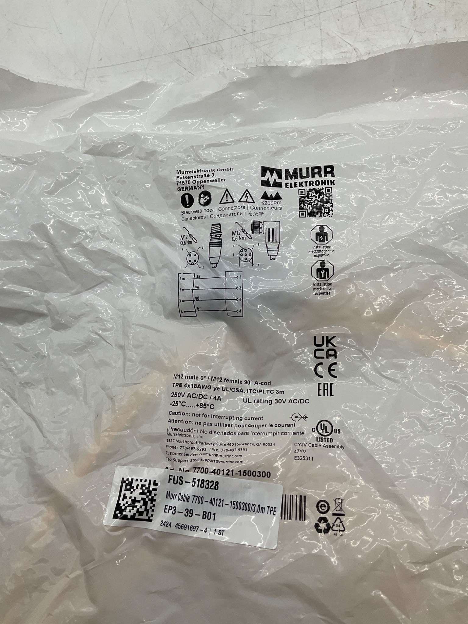 MURR ELEKTRONIK 7700-40121-1500300 M12 Male to M12 Female A-Coded Cordset 3M NEW 1