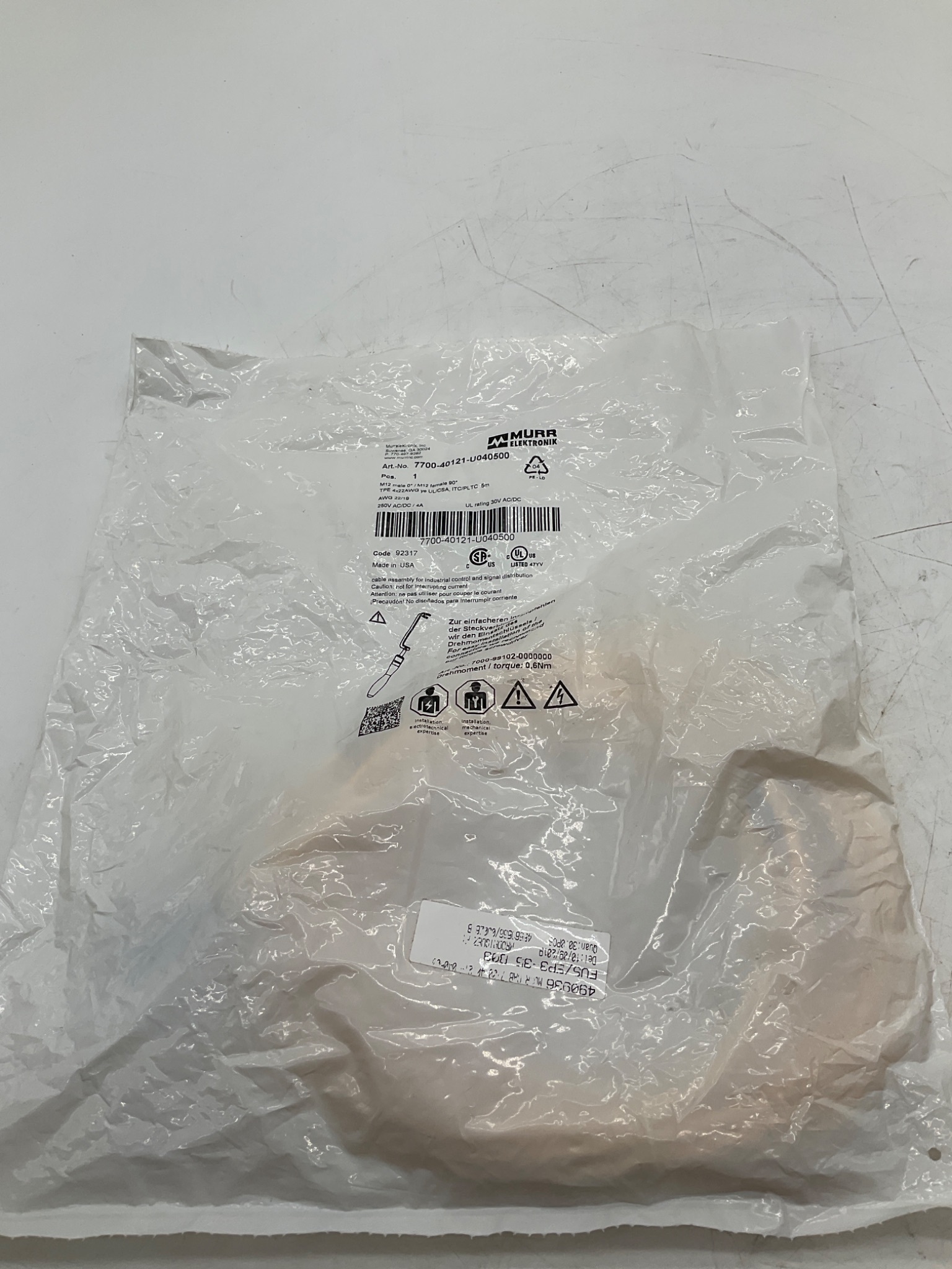 MURR ELEKTRONIK 7700-40121-U040500 M12 Male to M12 Female A-Coded Cordset 5M NEW 0