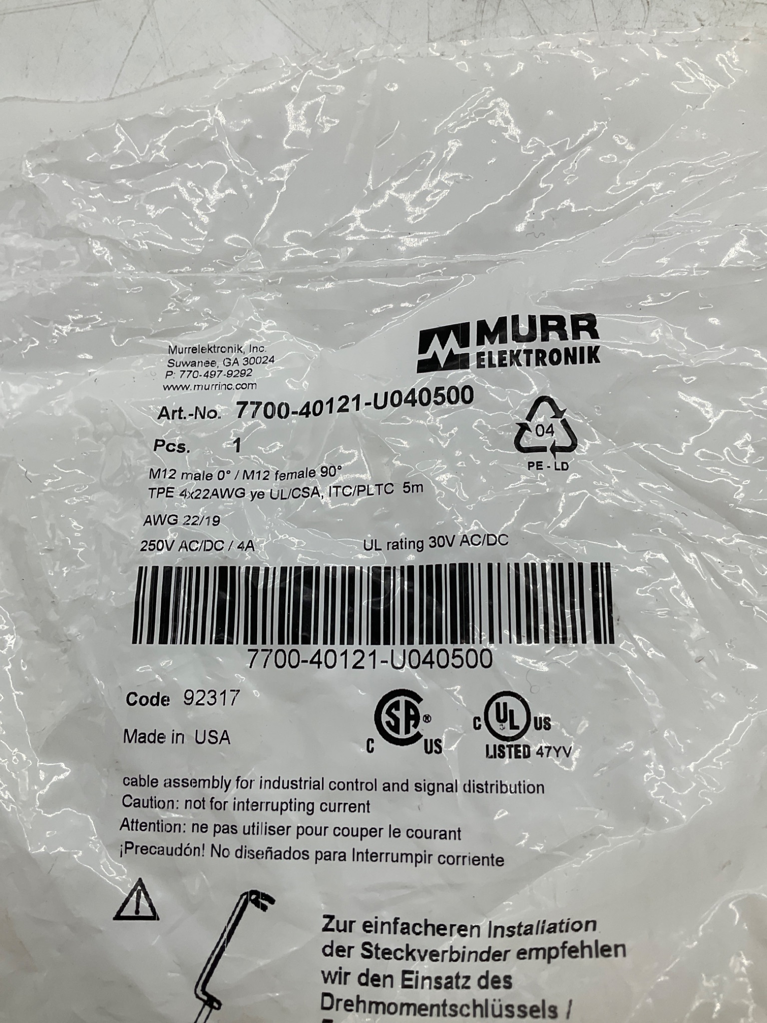 MURR ELEKTRONIK 7700-40121-U040500 M12 Male to M12 Female A-Coded Cordset 5M NEW 1