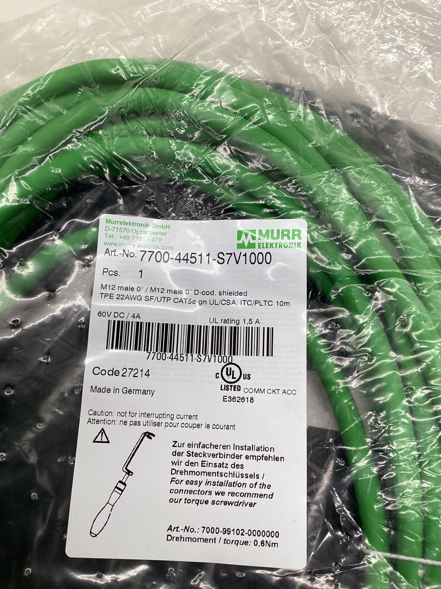 MURR ELEKTRONIK 7700-44511-S7V1000 M12 D-Coded Ethernet Cordset 10M NEW 1