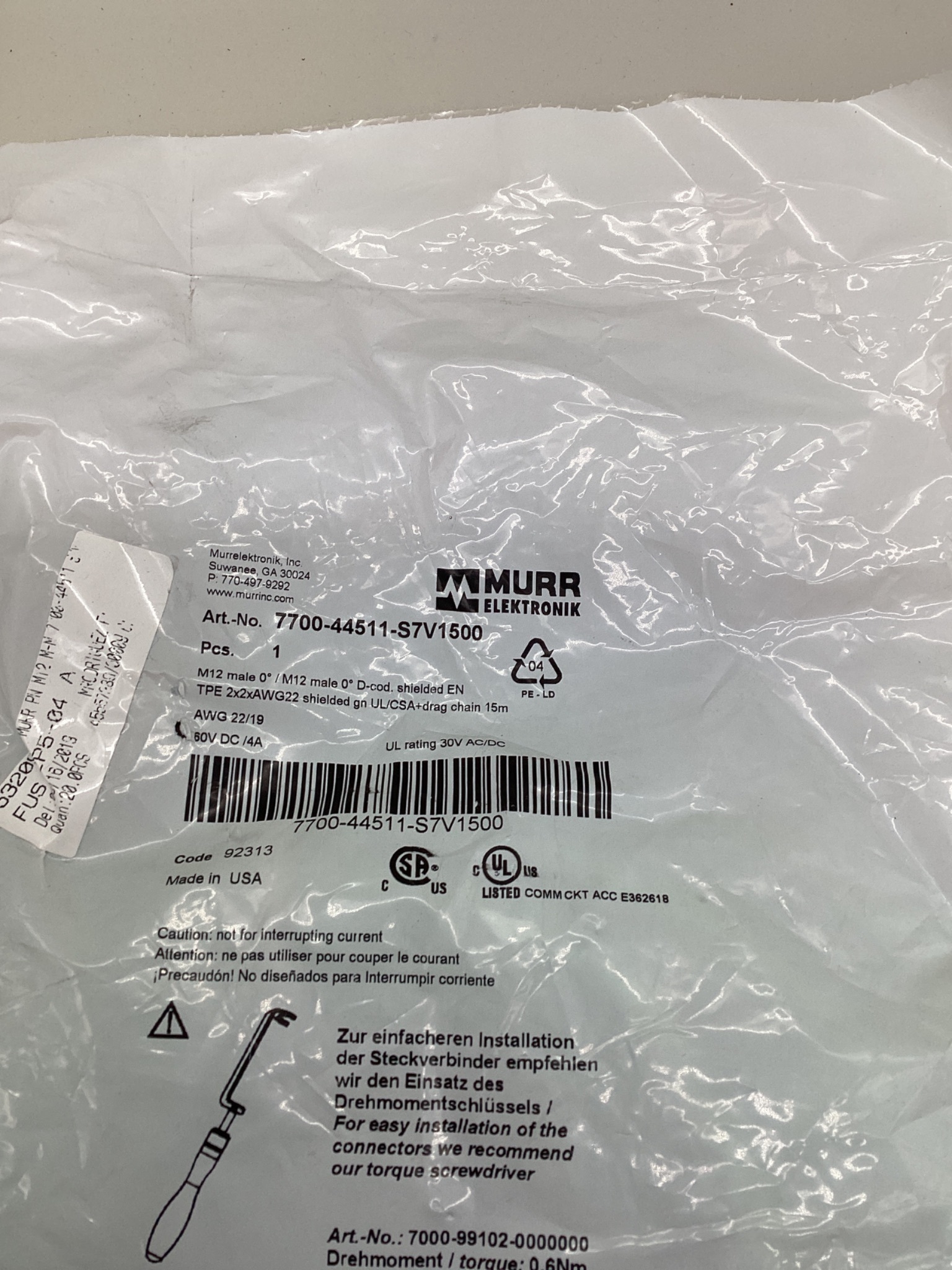 MURR ELEKTRONIK 7700-44511-S7V1500 M12 D-Coded Ethernet Cordset 15M NEW 1