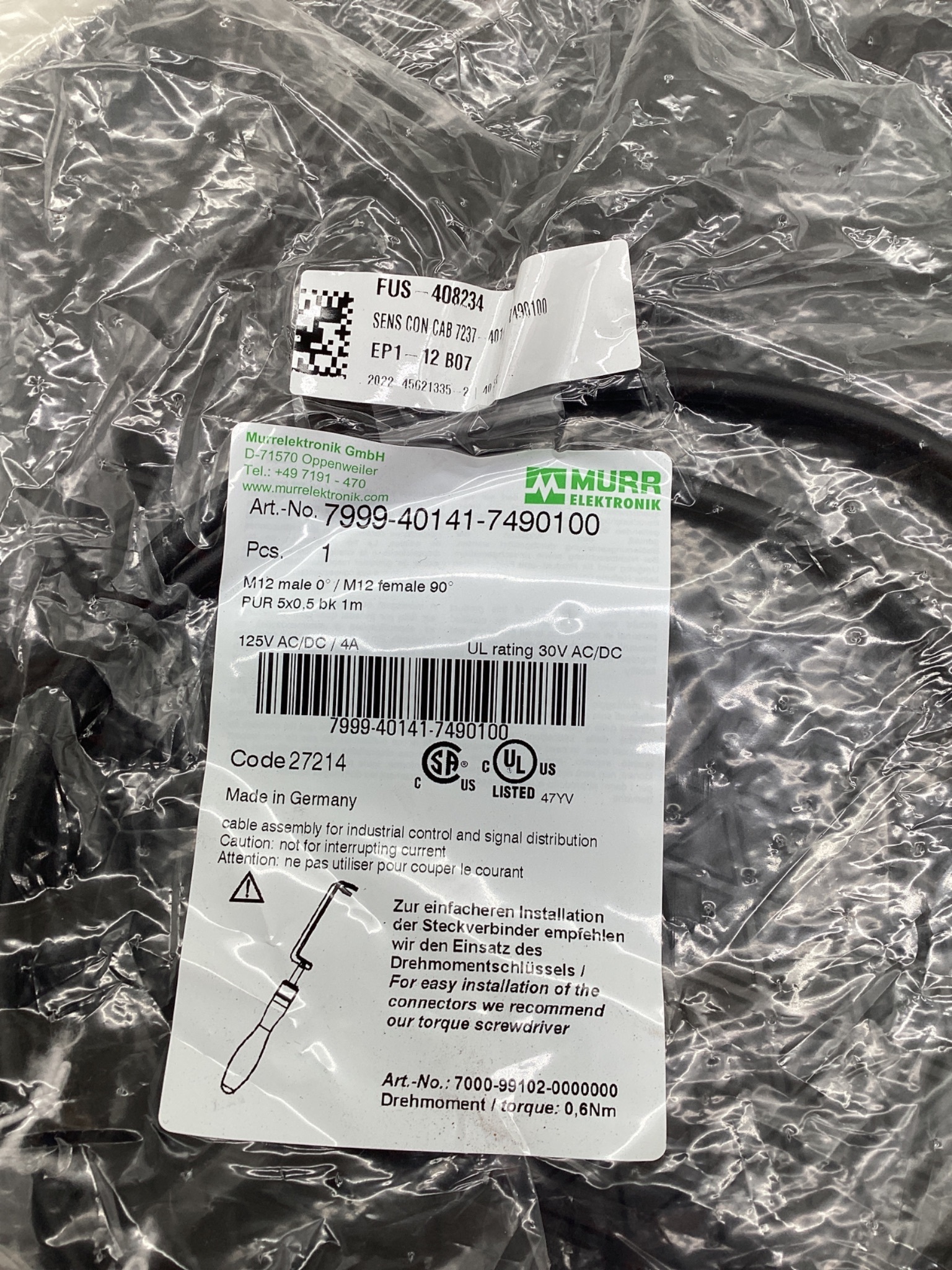 MURR ELEKTRONIK 7999-40141-7490100 M12 Male to M12 Female 90° Cordset 1M NEW 1