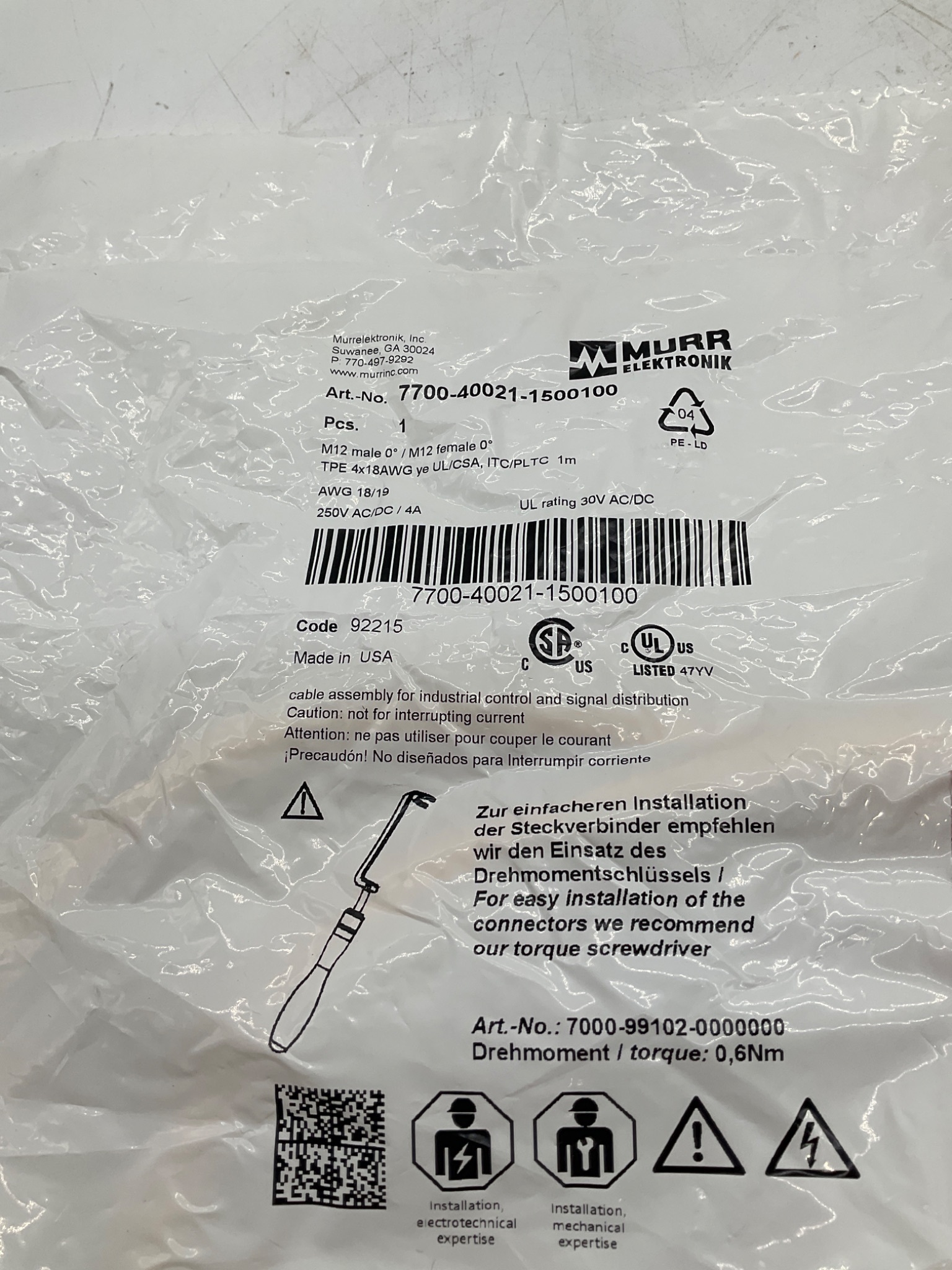 MURR ELEKTRONIK 7700-40021-1500100 M12 A-Coded Male/Female Cordset 1M NEW 0
