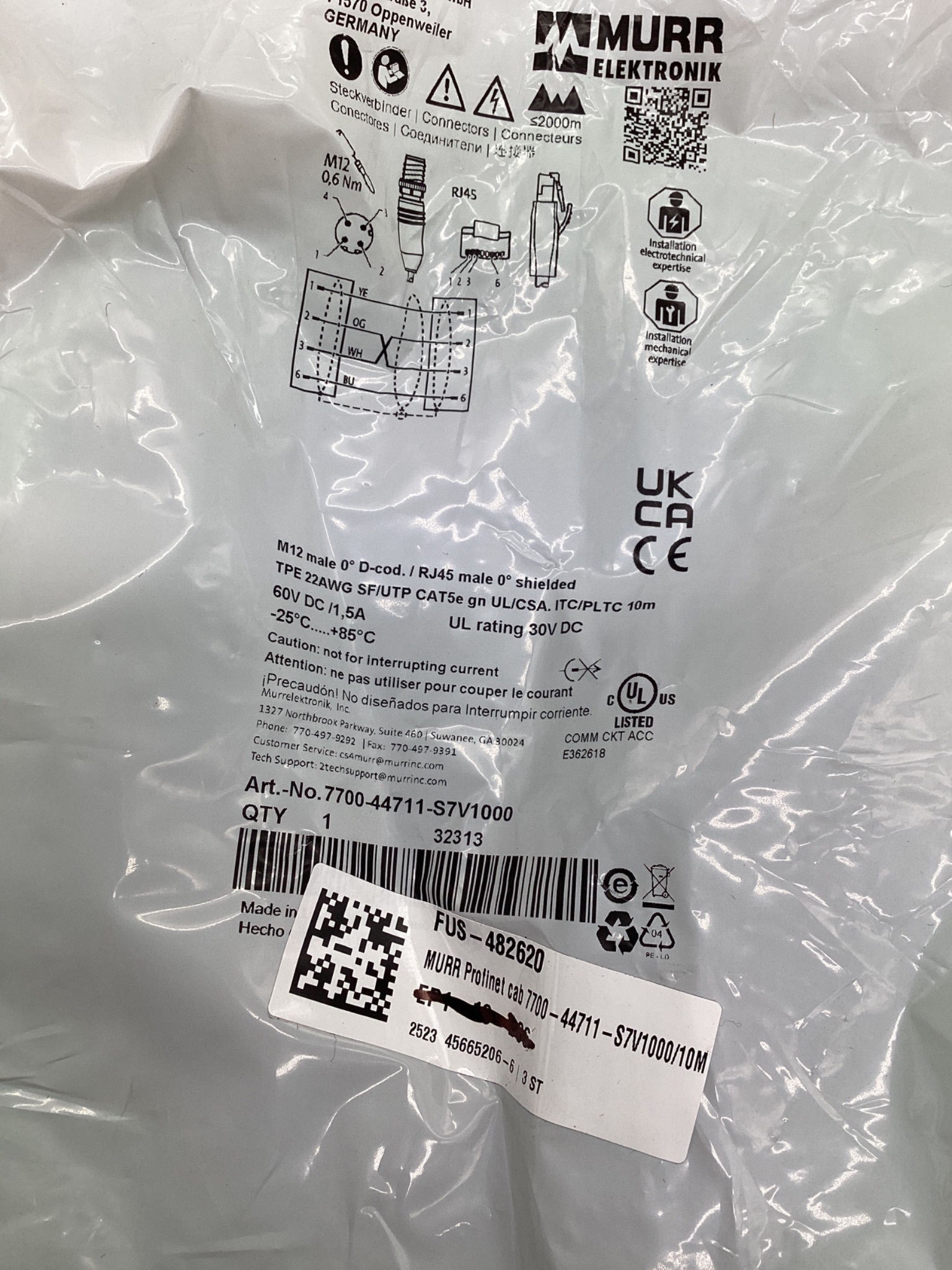 MURR ELEKTRONIK 7700-44711-S7V1000 M12 D-Coded to RJ45 Ethernet Cordset 10M NEW 1