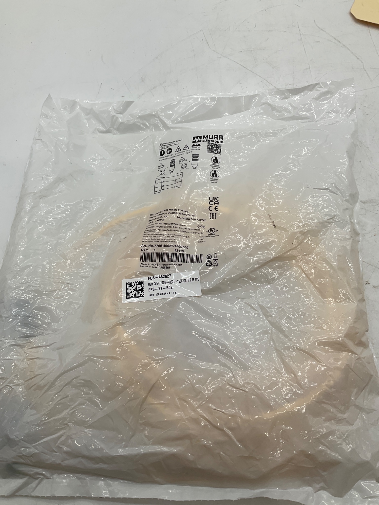 MURR ELEKTRONIK 7700-40021-1500700 M12 A-Coded Sensor/Actuator Cordset 7M NEW 0