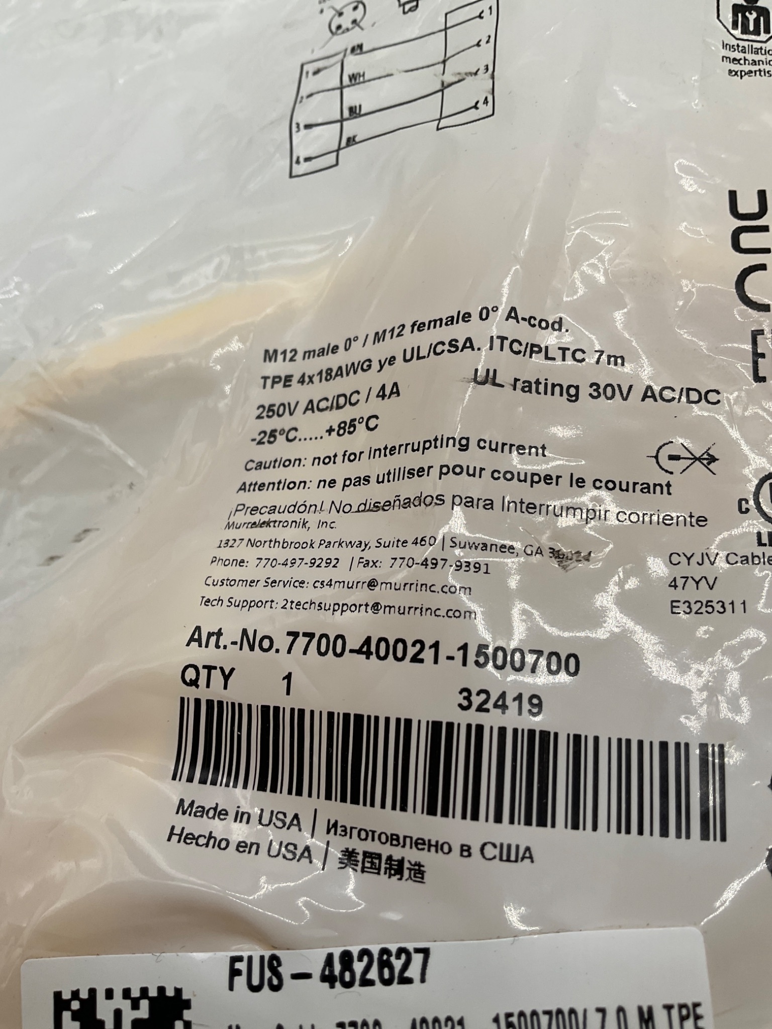 MURR ELEKTRONIK 7700-40021-1500700 M12 A-Coded Sensor/Actuator Cordset 7M NEW 1