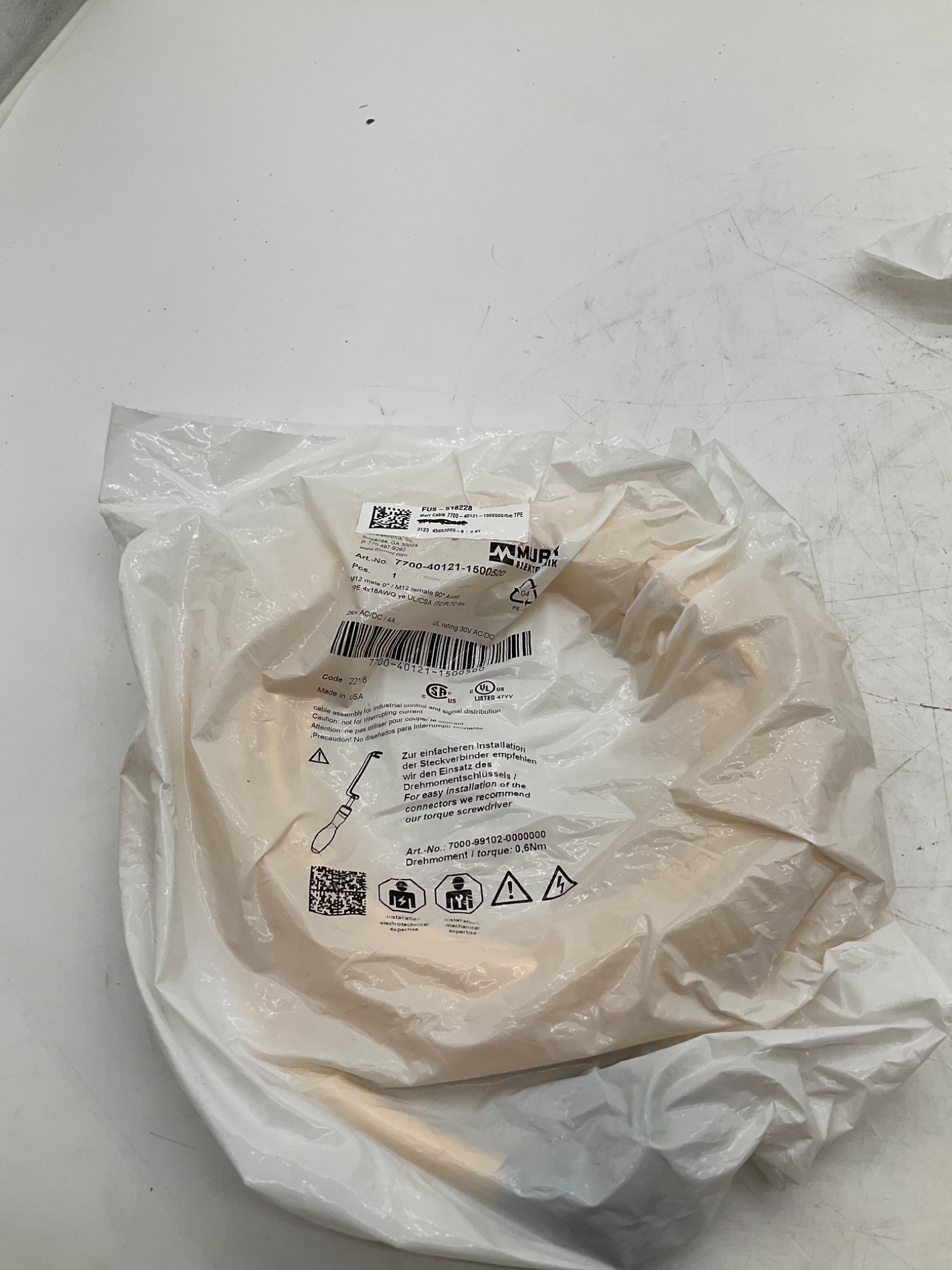 MURR ELEKTRONIK 7700-40121-1500500 M12 Male to M12 Female 90° A-Coded Cordset 5M NEW 0