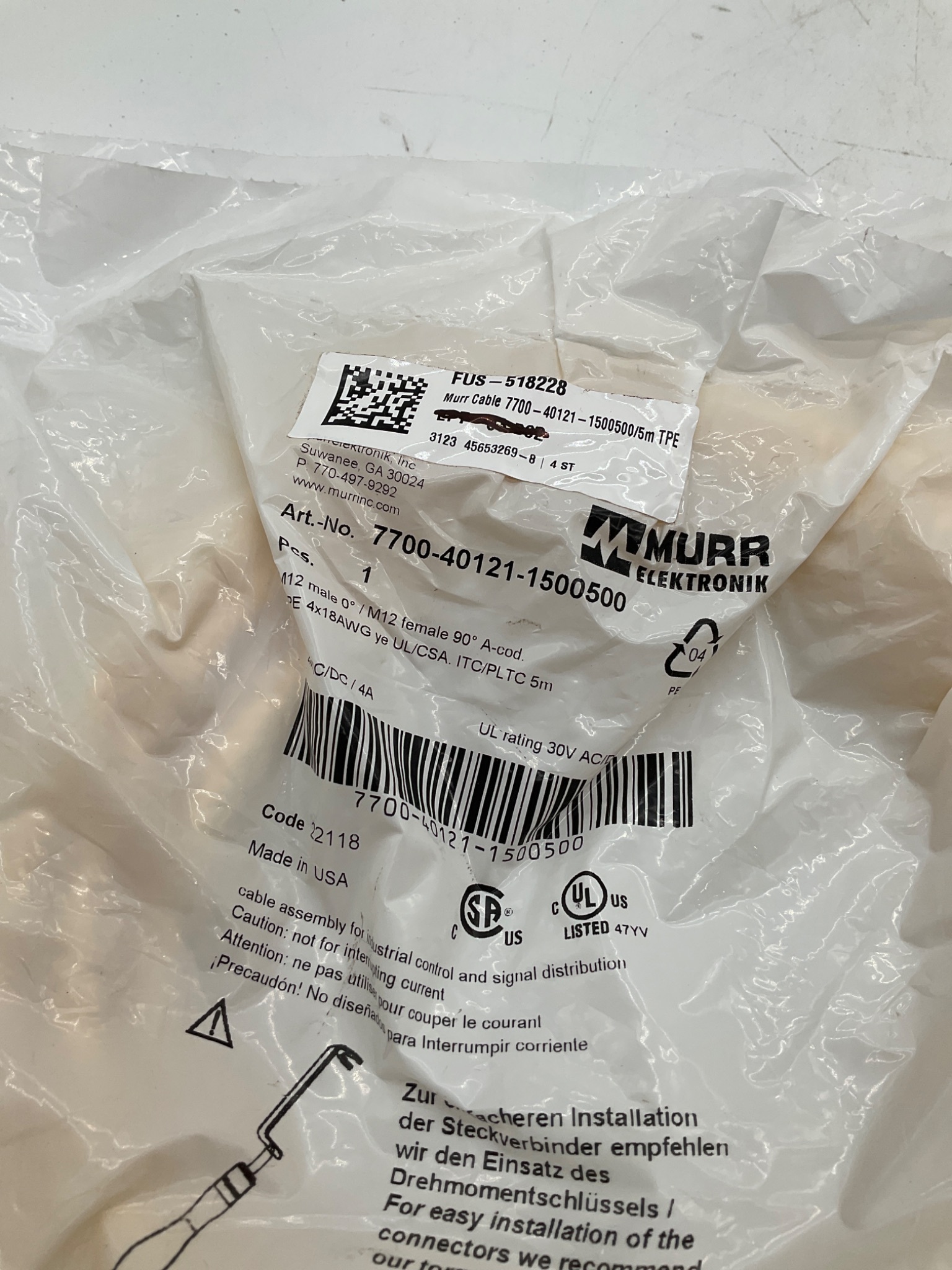 MURR ELEKTRONIK 7700-40121-1500500 M12 Male to M12 Female 90° A-Coded Cordset 5M NEW 1