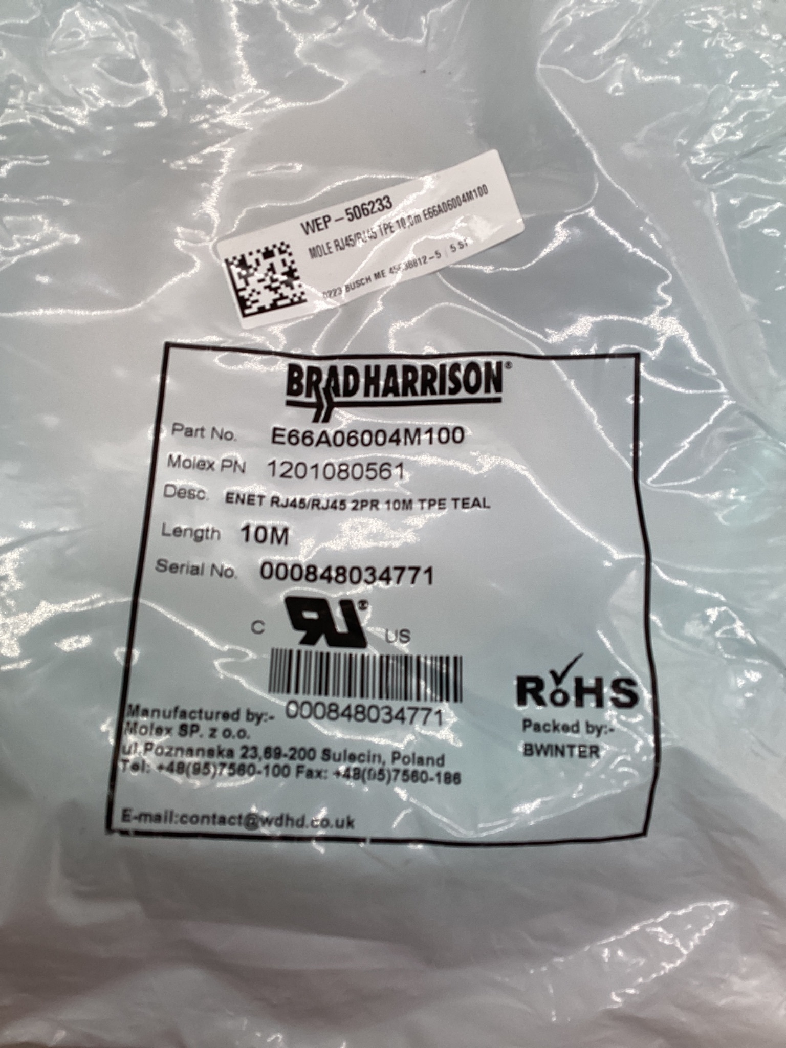 BRAD HARRISON E66A06004M100 Industrial Ethernet RJ45 Cordset 10M NEW 1