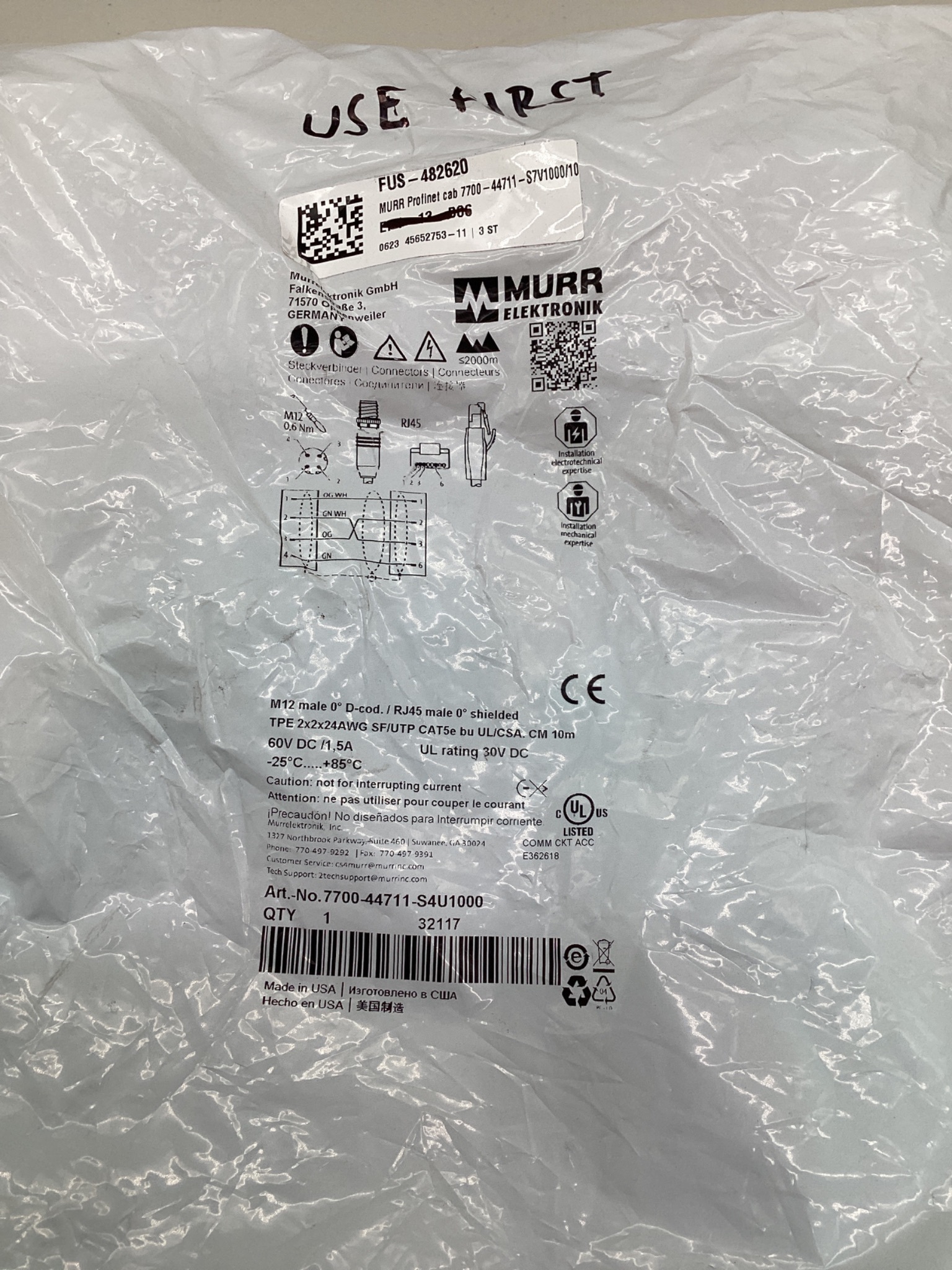 MURR ELEKTRONIK 7700-44711-S4U1000 M12 D-Coded to RJ45 Ethernet Cordset 10M NEW 1